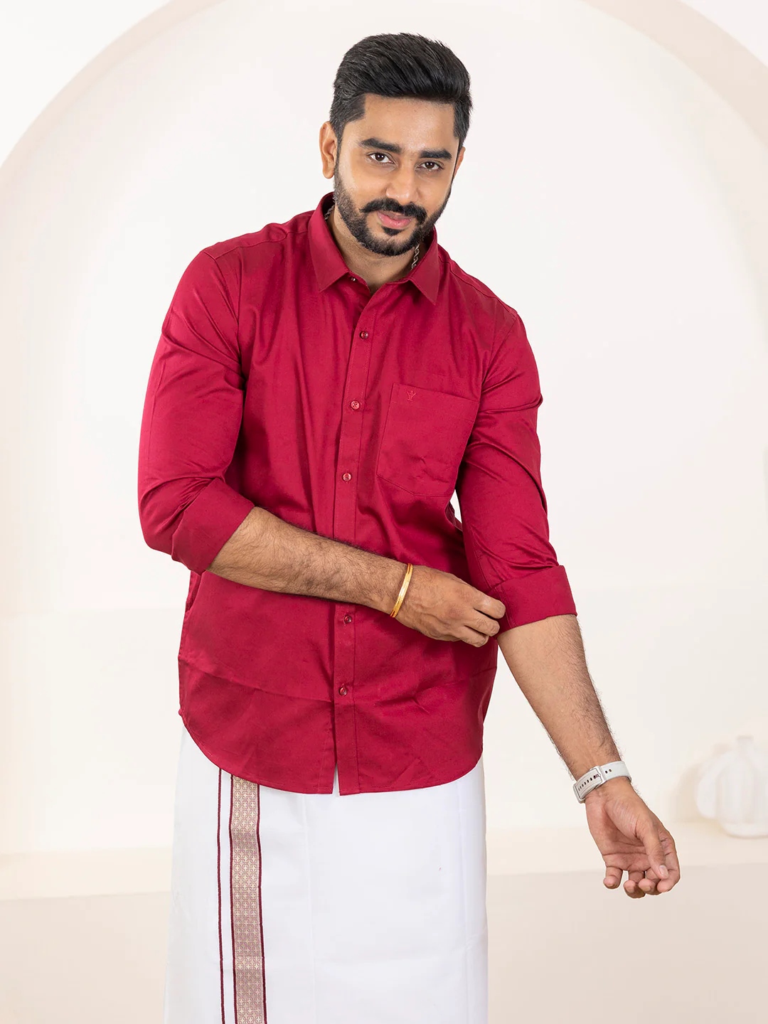 Men 100% Cotton Cherry Wood Shirt and Fancy Border Dhoti Set BT8 - Image 3