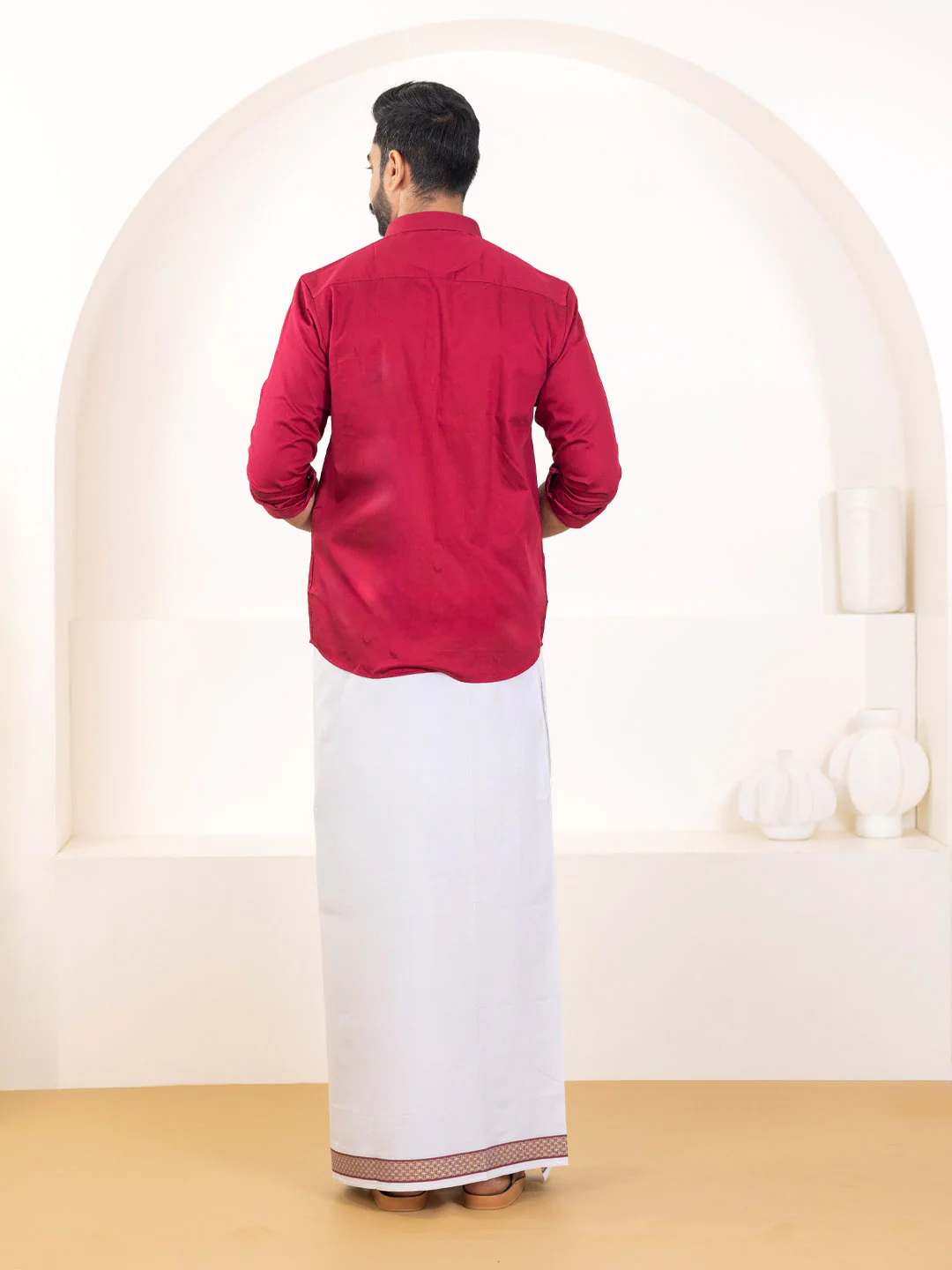 Men 100% Cotton Cherry Wood Shirt and Fancy Border Dhoti Set BT8 - Image 5