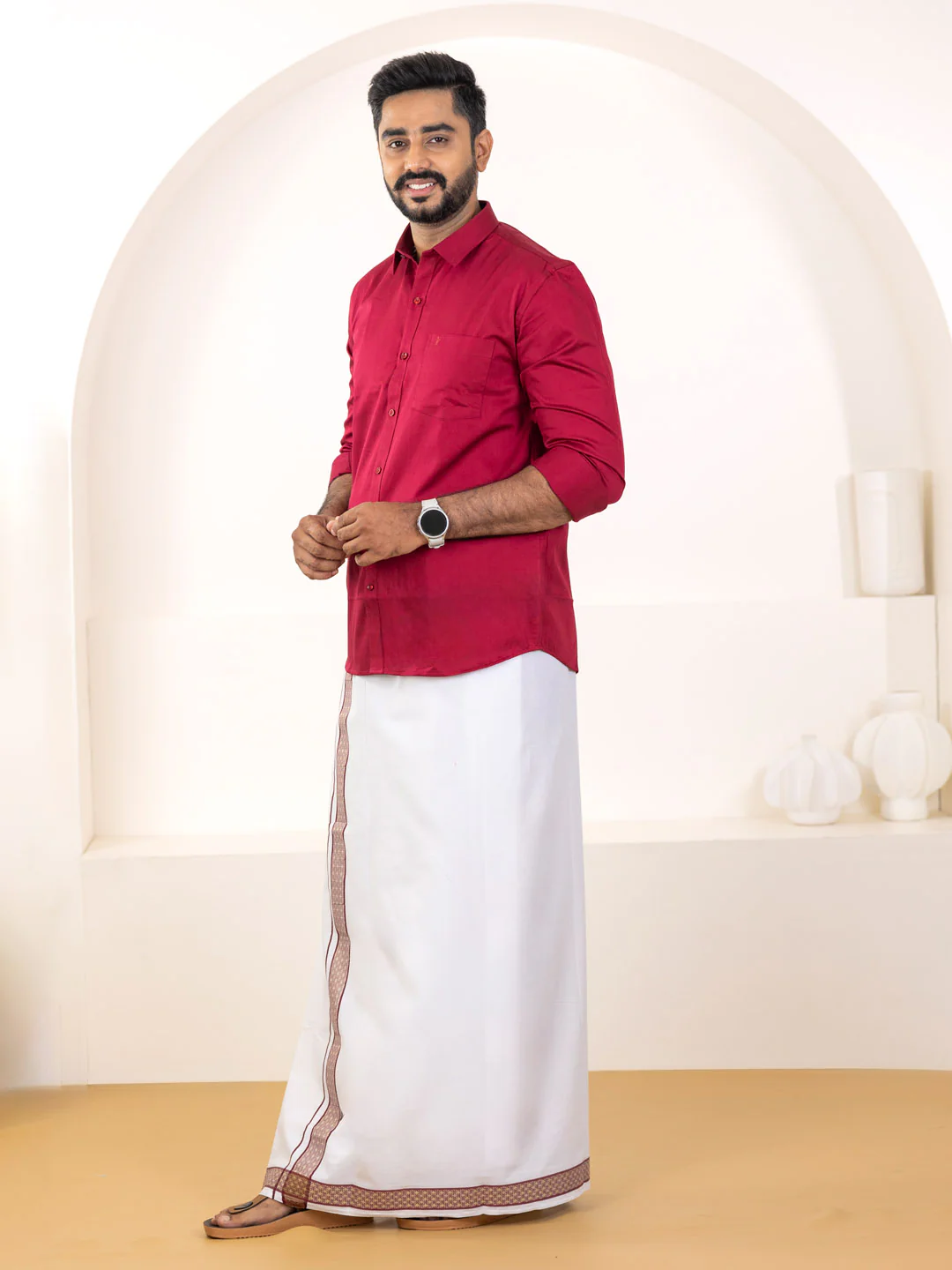 Men 100% Cotton Cherry Wood Shirt and Fancy Border Dhoti Set BT8 - Image 6
