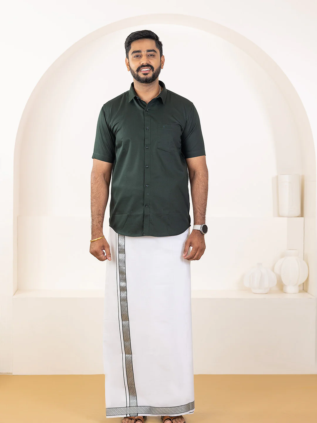 Men 100% Cotton Dark Green Shirt and Fancy Border Dhoti Set BT10 - Image 2