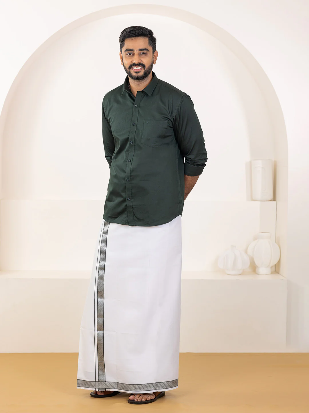 Men 100% Cotton Dark Green Shirt and Fancy Border Dhoti Set BT10 - Image 3