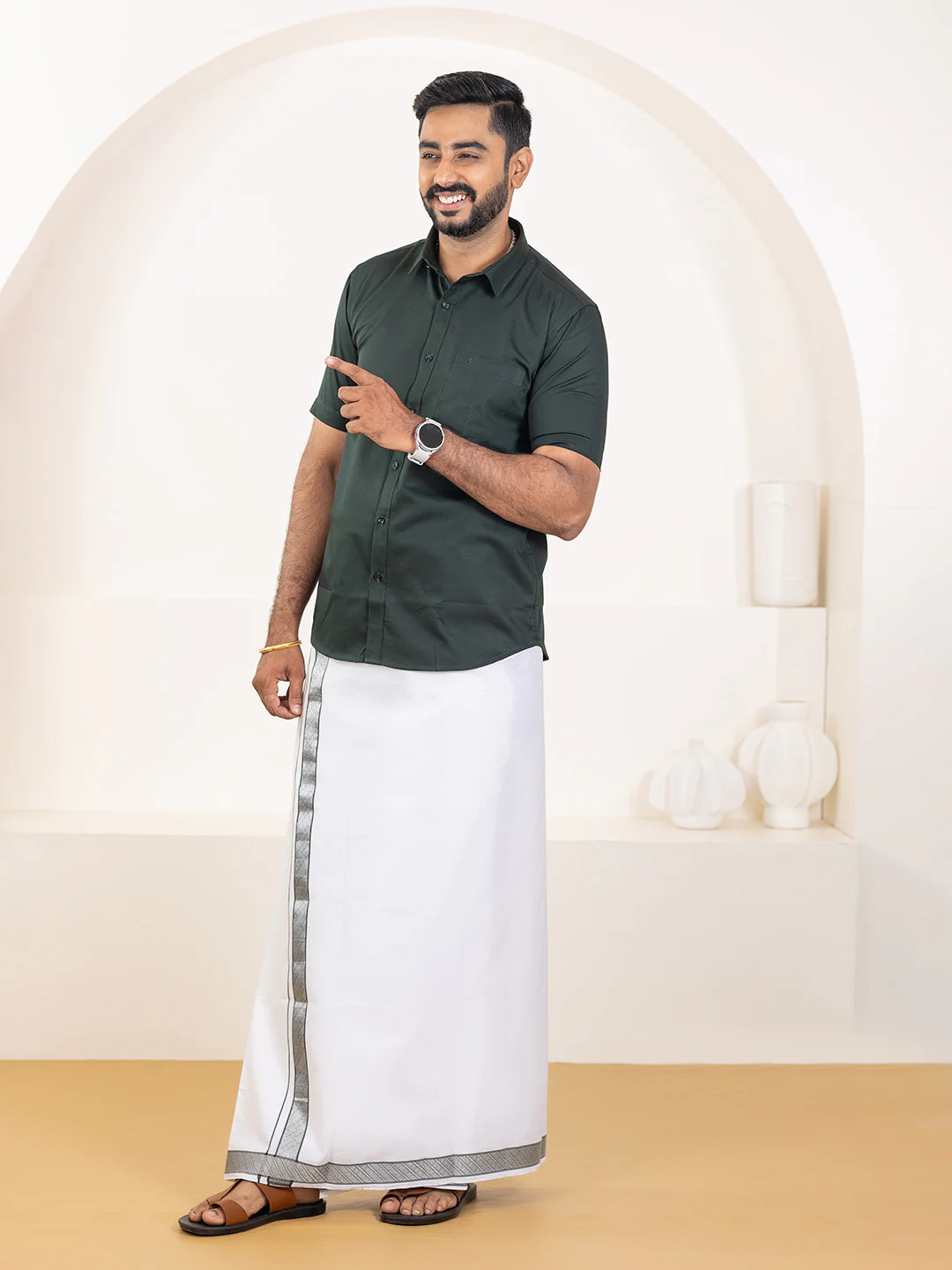 Men 100% Cotton Dark Green Shirt and Fancy Border Dhoti Set BT10 - Image 4