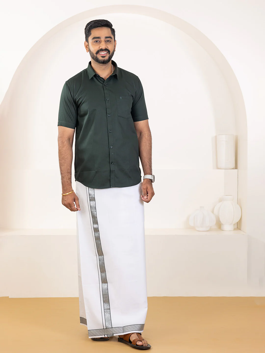 Men 100% Cotton Dark Green Shirt and Fancy Border Dhoti Set BT10 - Image 5
