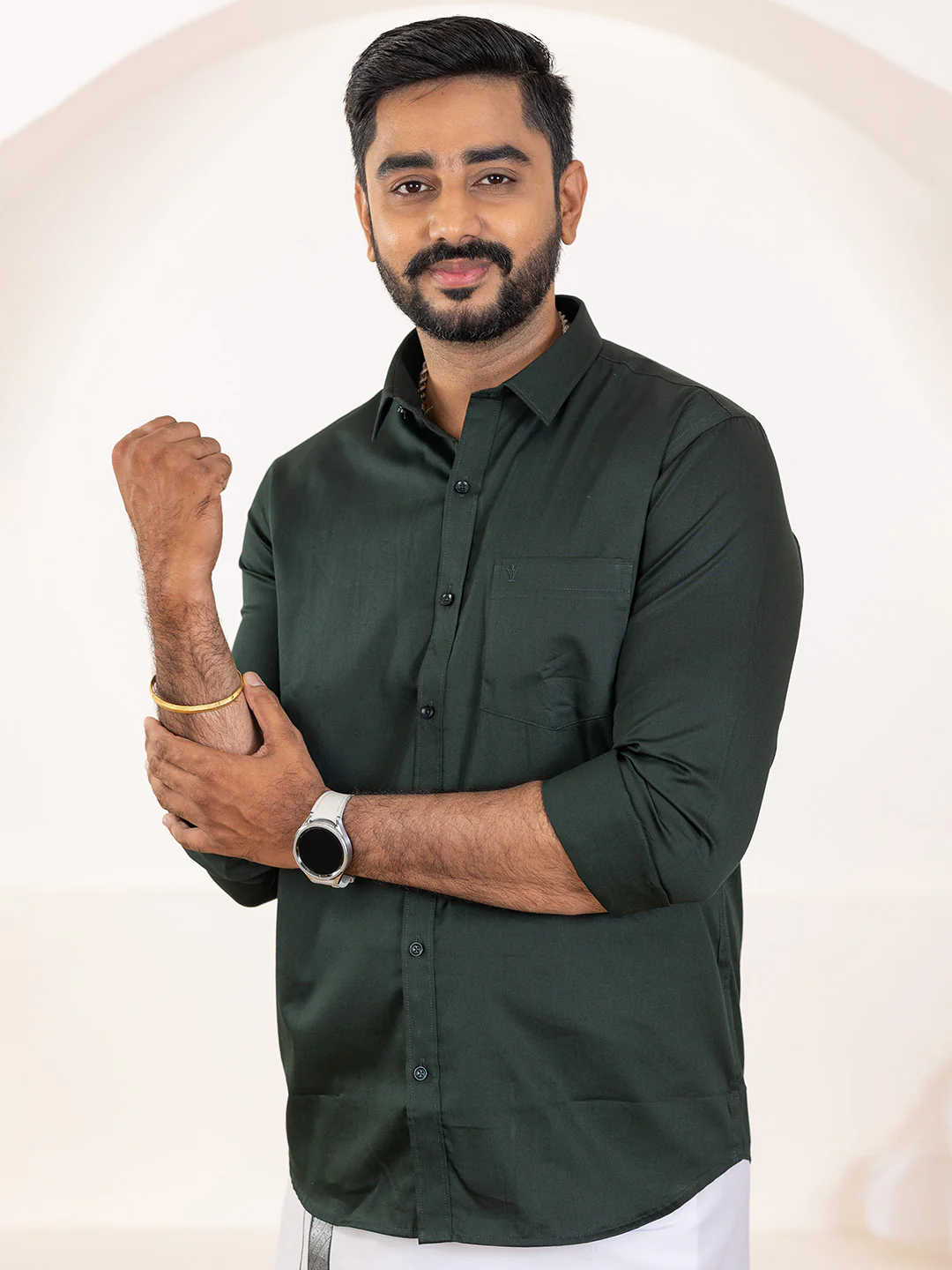 Men 100% Cotton Dark Green Shirt and Fancy Border Dhoti Set BT10 - Image 6