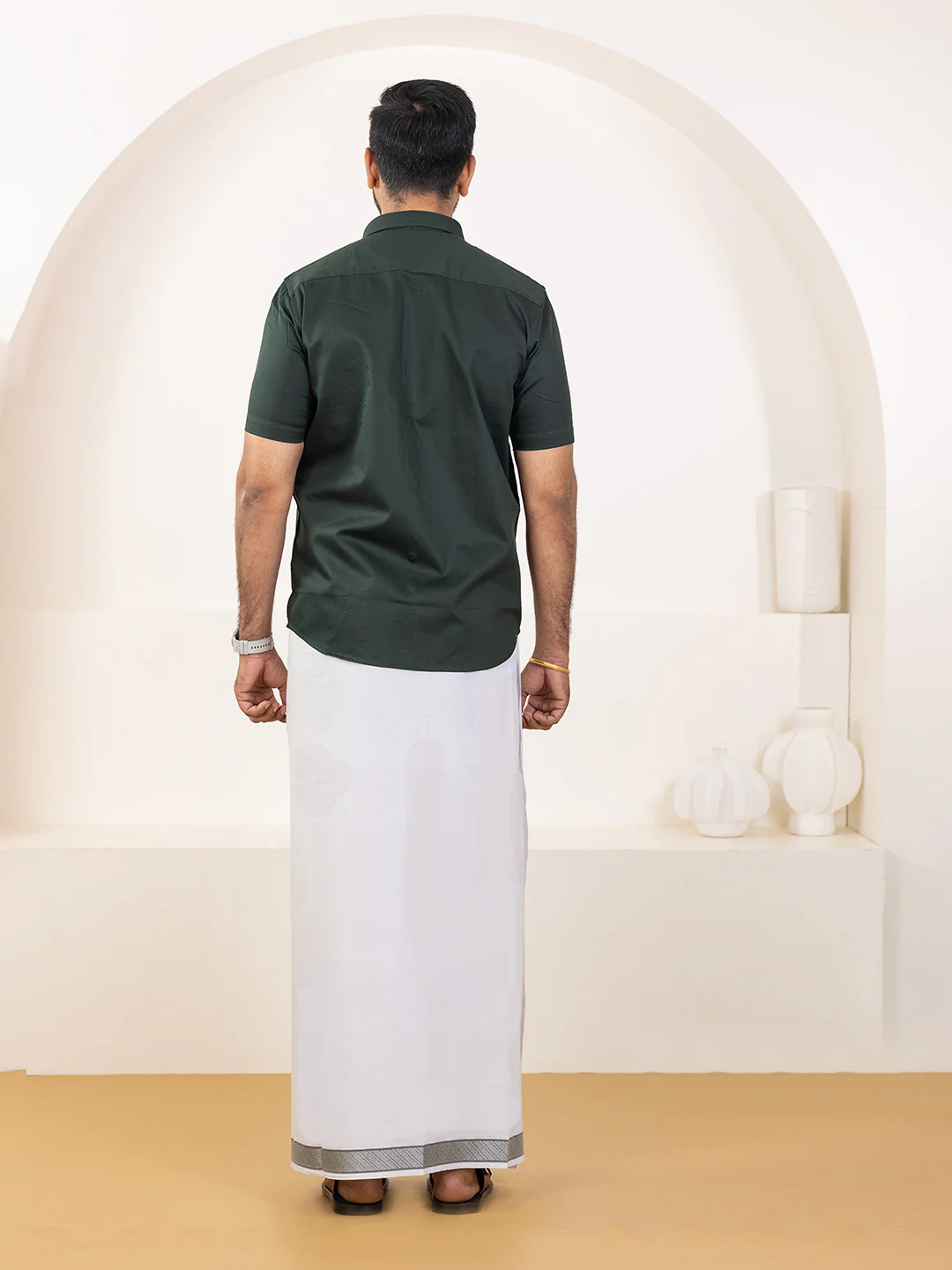 Men 100% Cotton Dark Green Shirt and Fancy Border Dhoti Set BT10 - Image 7