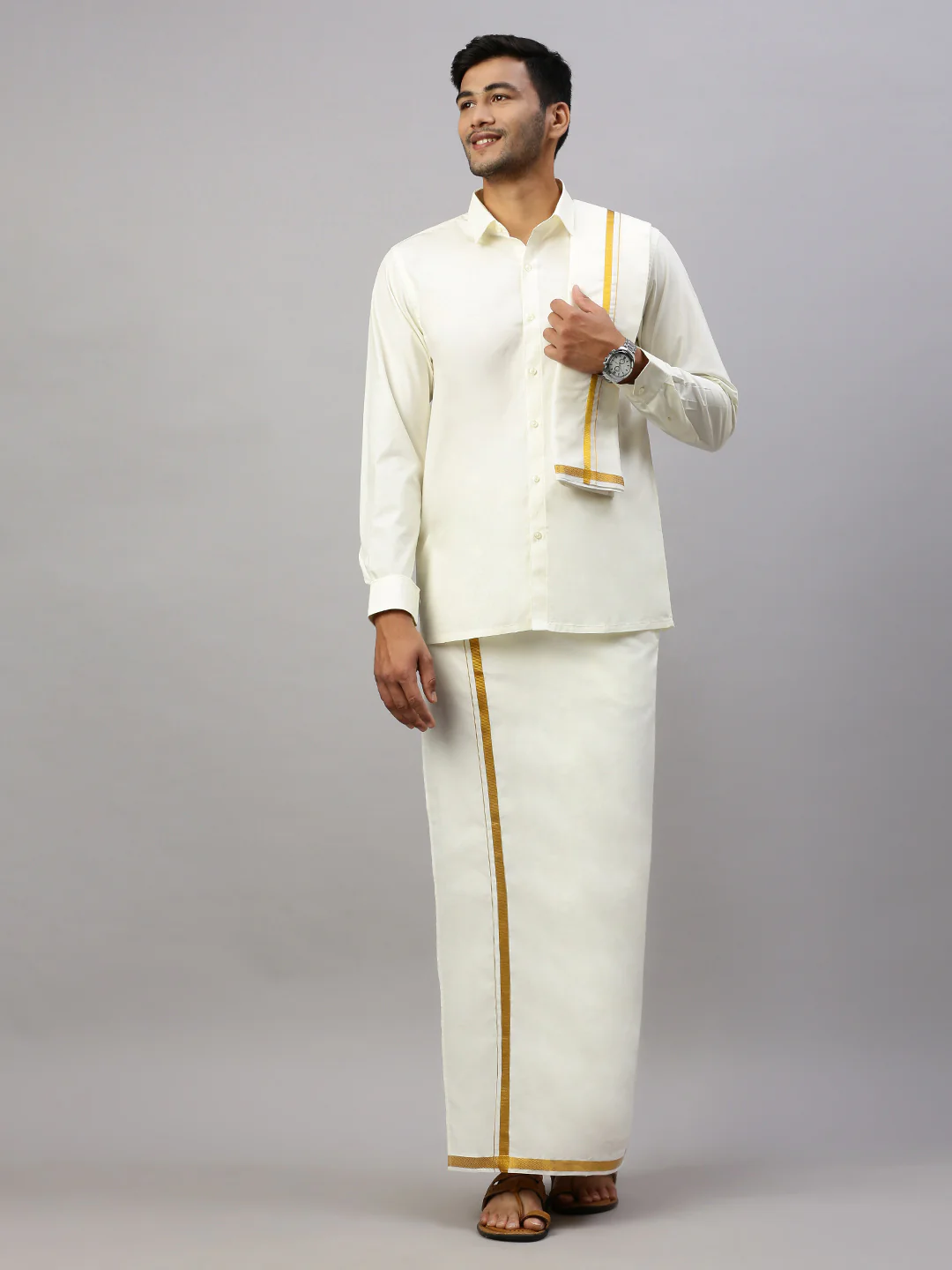 Men 100% Cotton Double Layer Cream Dhoti & Towel Set with 3/4" inch Gold Jari Border Nithyanjali - Image 2