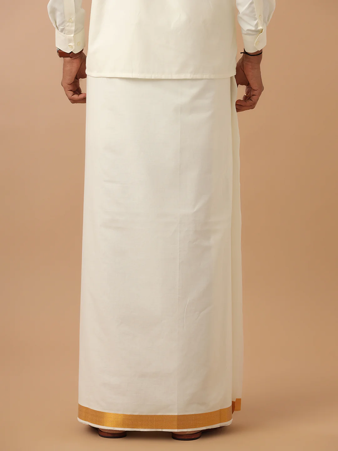 Men 100% Cotton Double Layer Cream Dhoti with 1 1/2" Gold Jari Border Arputha - Image 3