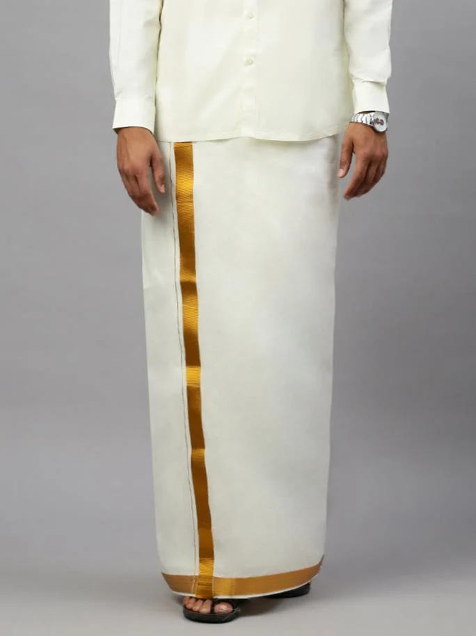 Men 100% Cotton Double Layer Cream Dhoti with 1 1/2" Jari Border Gold Fine Plain
