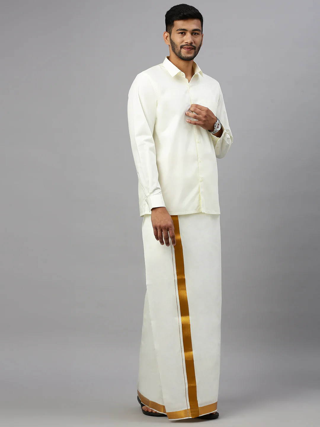 Men 100% Cotton Double Layer Cream Dhoti with 1 1/2" Jari Border Gold Fine Plain - Image 2