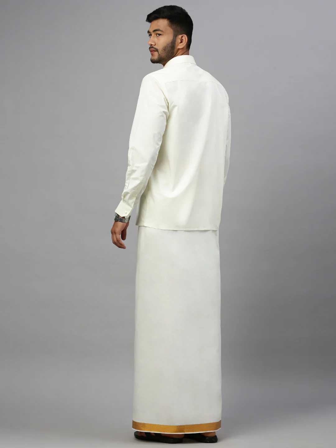Men 100% Cotton Double Layer Cream Dhoti with 1 1/2" Jari Border Gold Fine Plain - Image 4