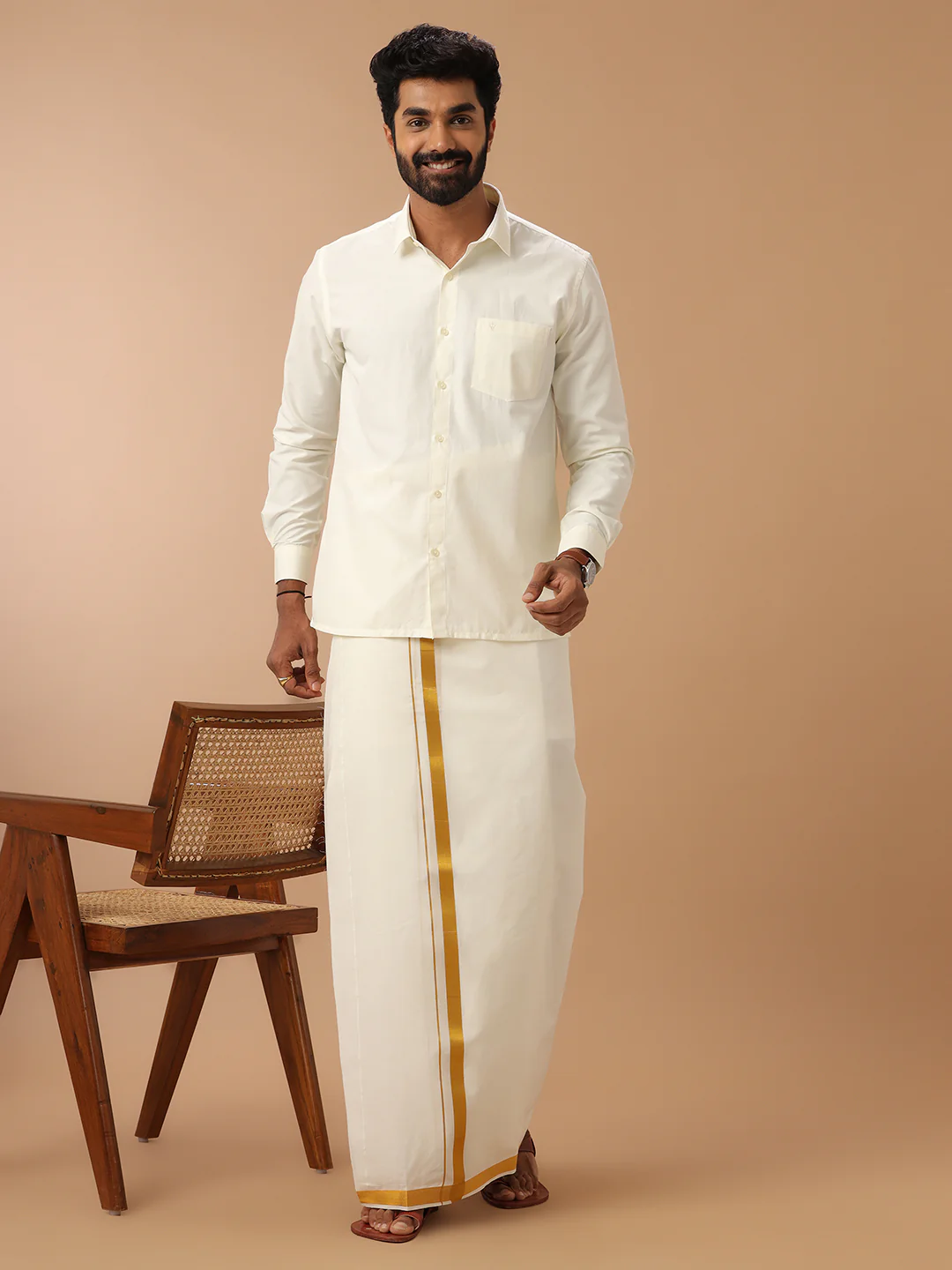 Men 100% Cotton Double Layer Cream Dhoti with 1" Gold Jari Border Daya - Image 3
