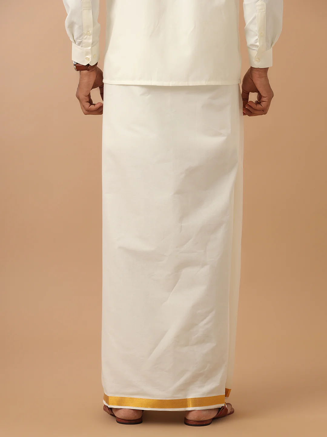 Men 100% Cotton Double Layer Cream Dhoti with 1" Gold Jari Border Daya - Image 4