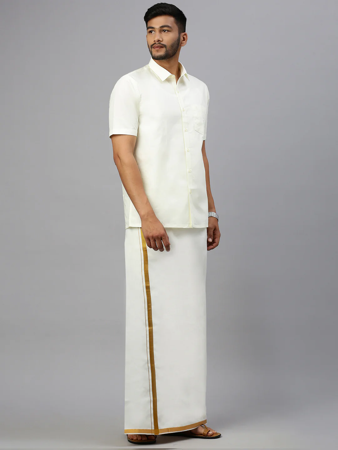 Men 100% Cotton Double Layer Cream Dhoti with 1"Gold Jari Border Arputha - Image 3