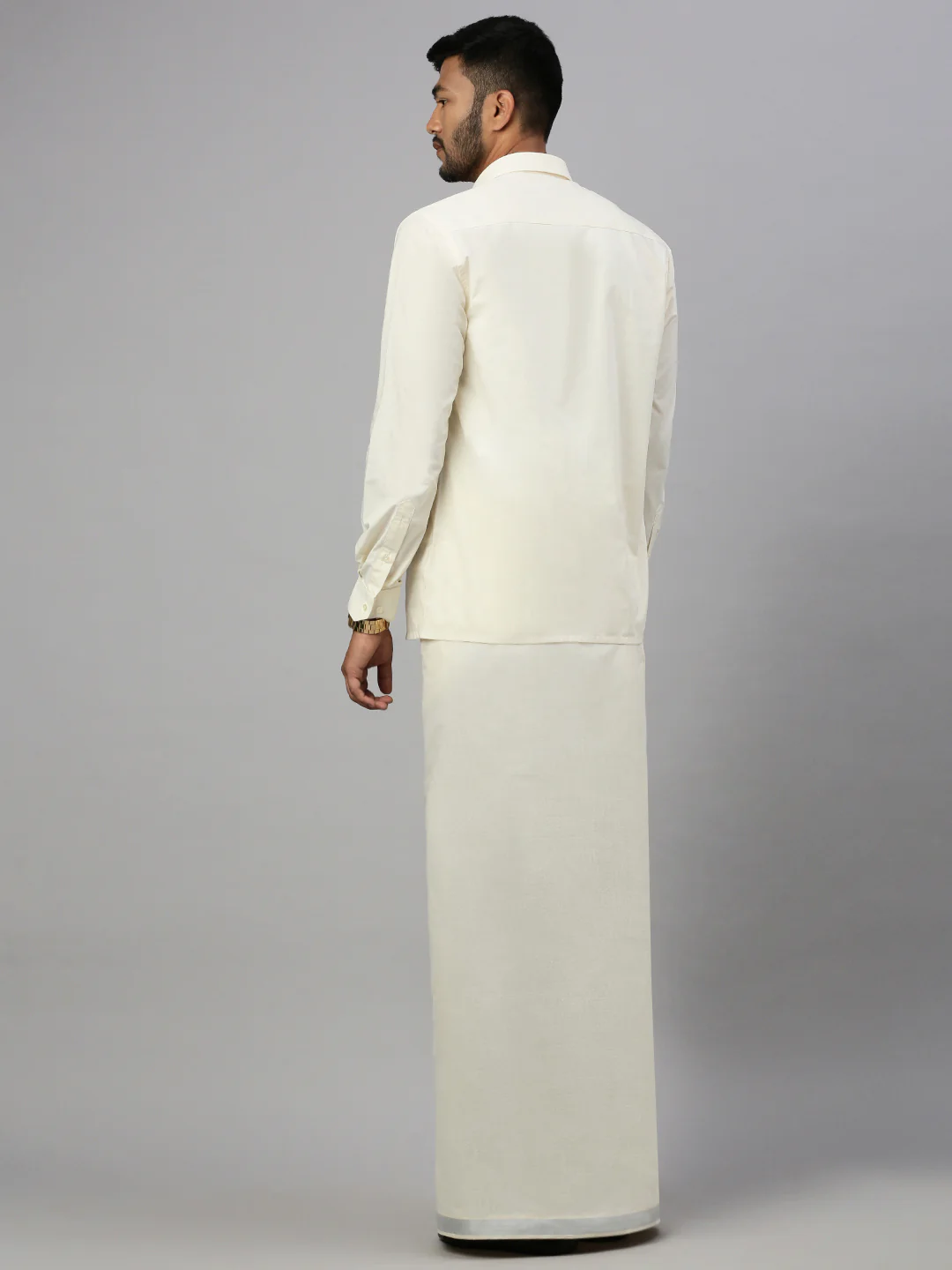 Men 100% Cotton Double Layer Cream Dhoti with 1"Silver Jari Border Chaitra - Image 4