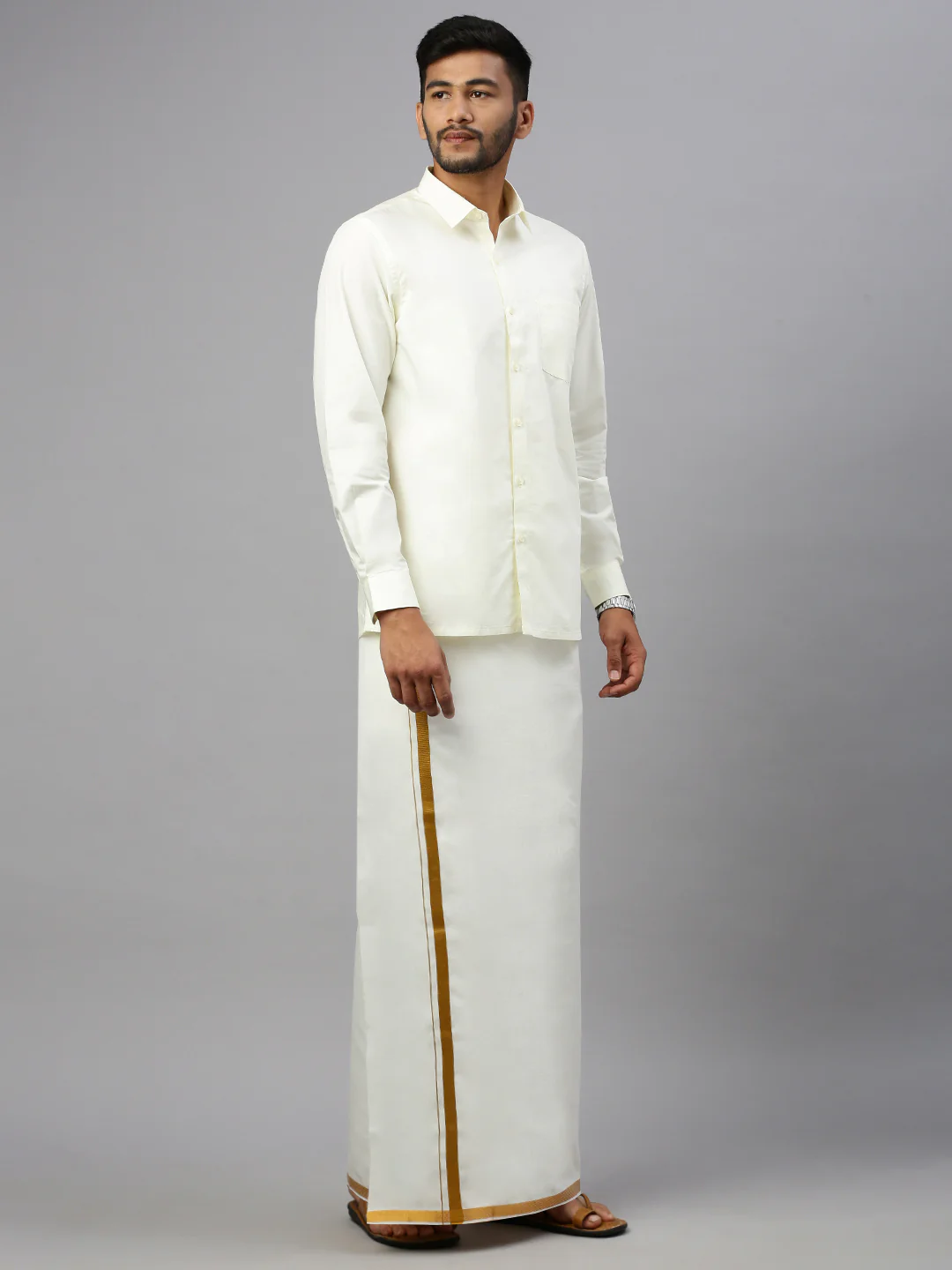 Men 100% Cotton Double Layer Cream Dhoti with 3/4" Gold Jari Border Arputha - Image 2
