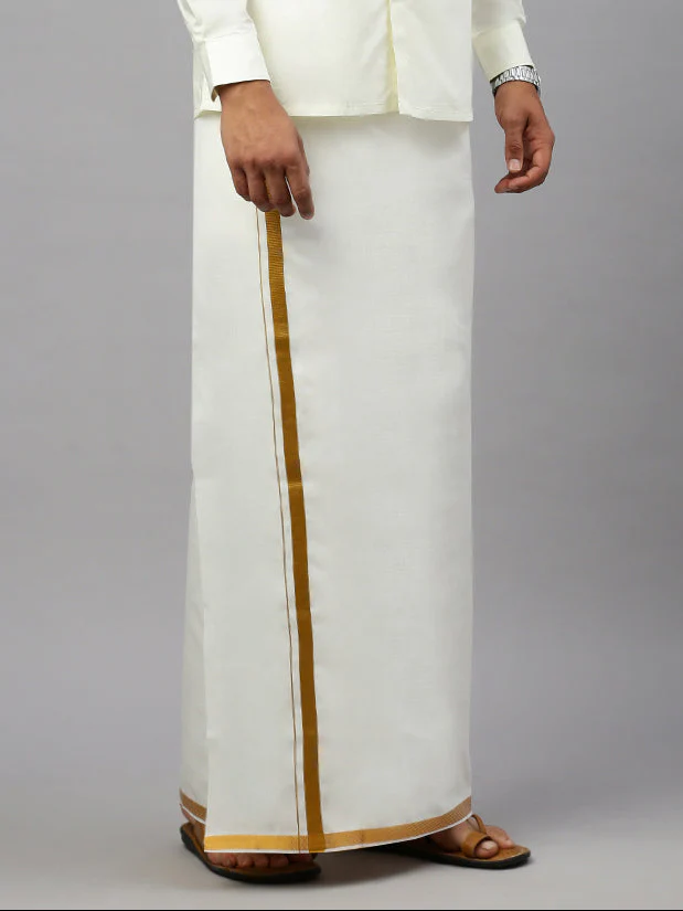 Men 100% Cotton Double Layer Cream Dhoti with Gold Jari Border Vetha - Image 2
