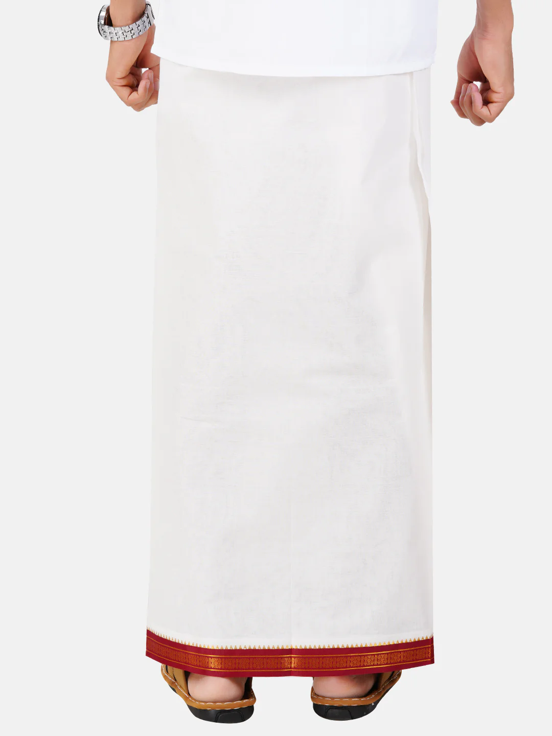 Men 100% Cotton Double Layer Cream Dhoti with Mayilkhan Border Sudharsan - Image 3