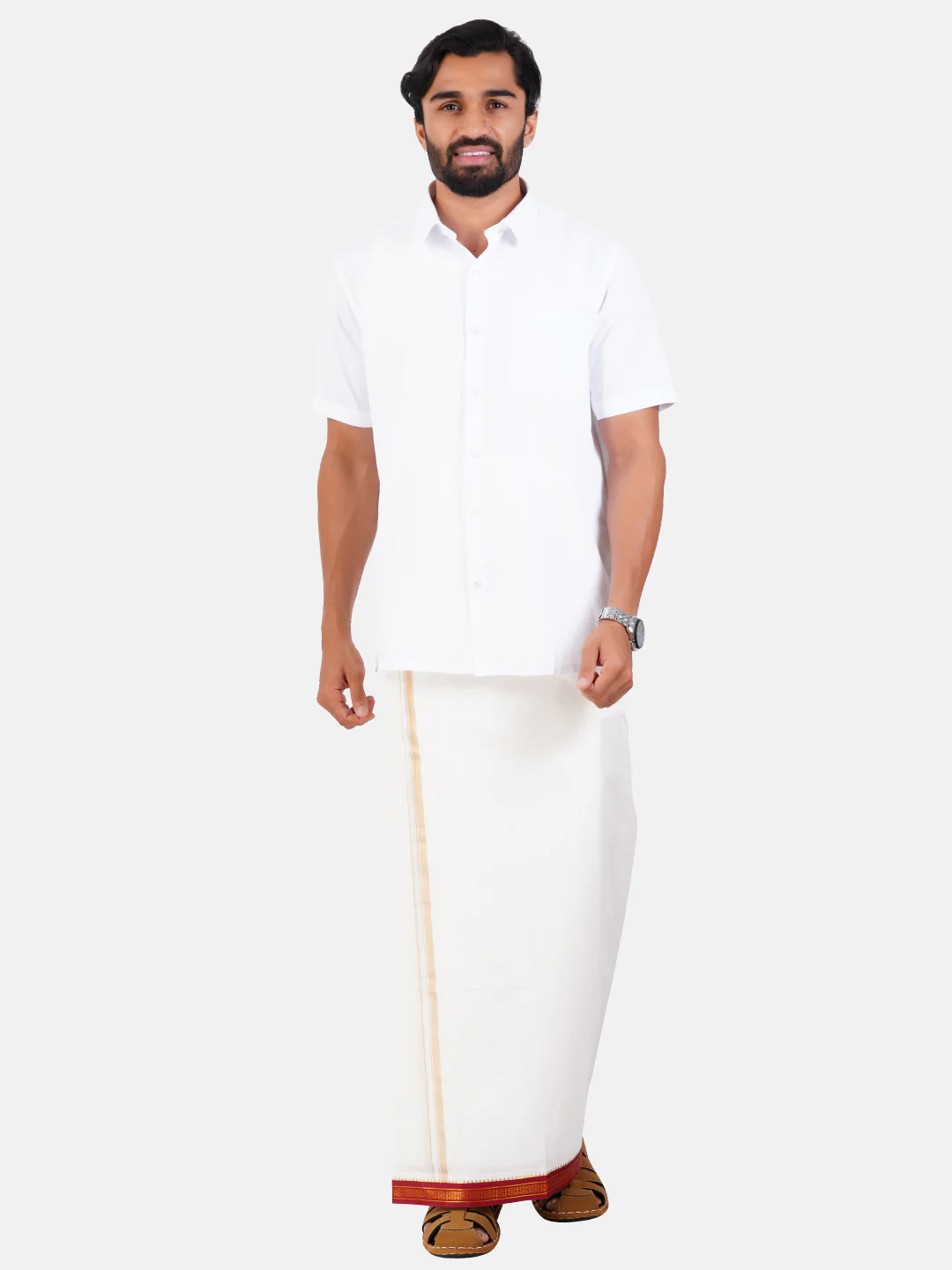 Men 100% Cotton Double Layer Cream Dhoti with Mayilkhan Border Sudharsan - Image 5
