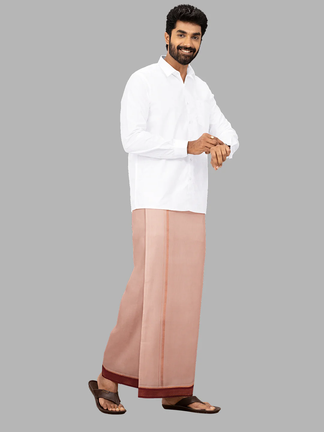 Men 100% Cotton Double Layer Light Copper Dhoti with Mayilkhan Border - Image 2