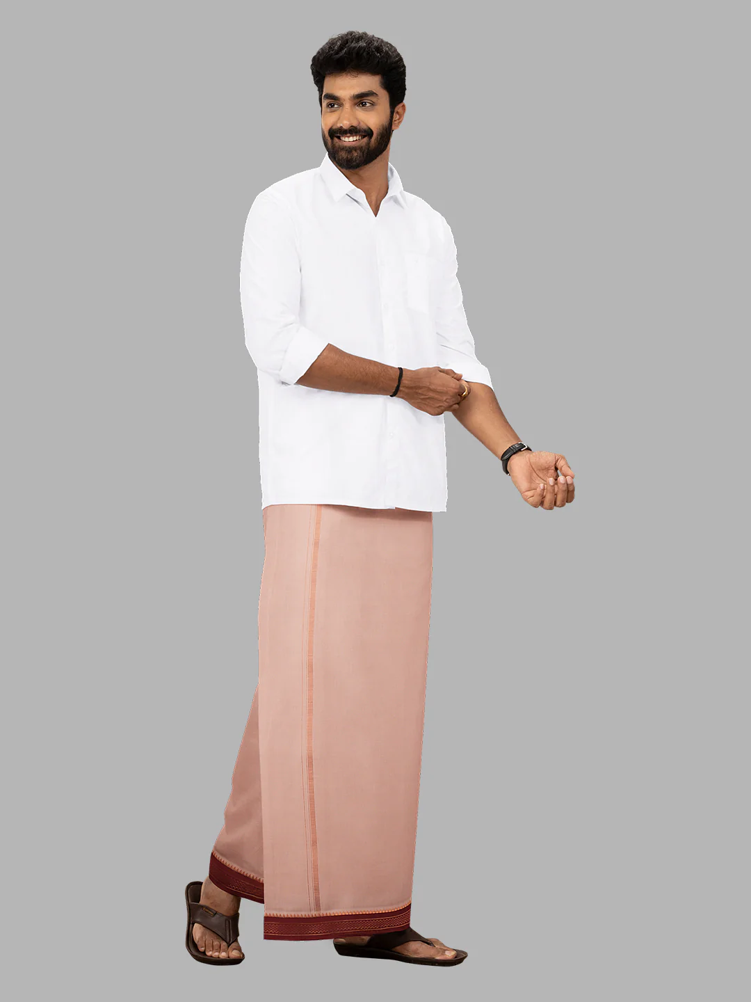 Men 100% Cotton Double Layer Light Copper Dhoti with Mayilkhan Border - Image 5