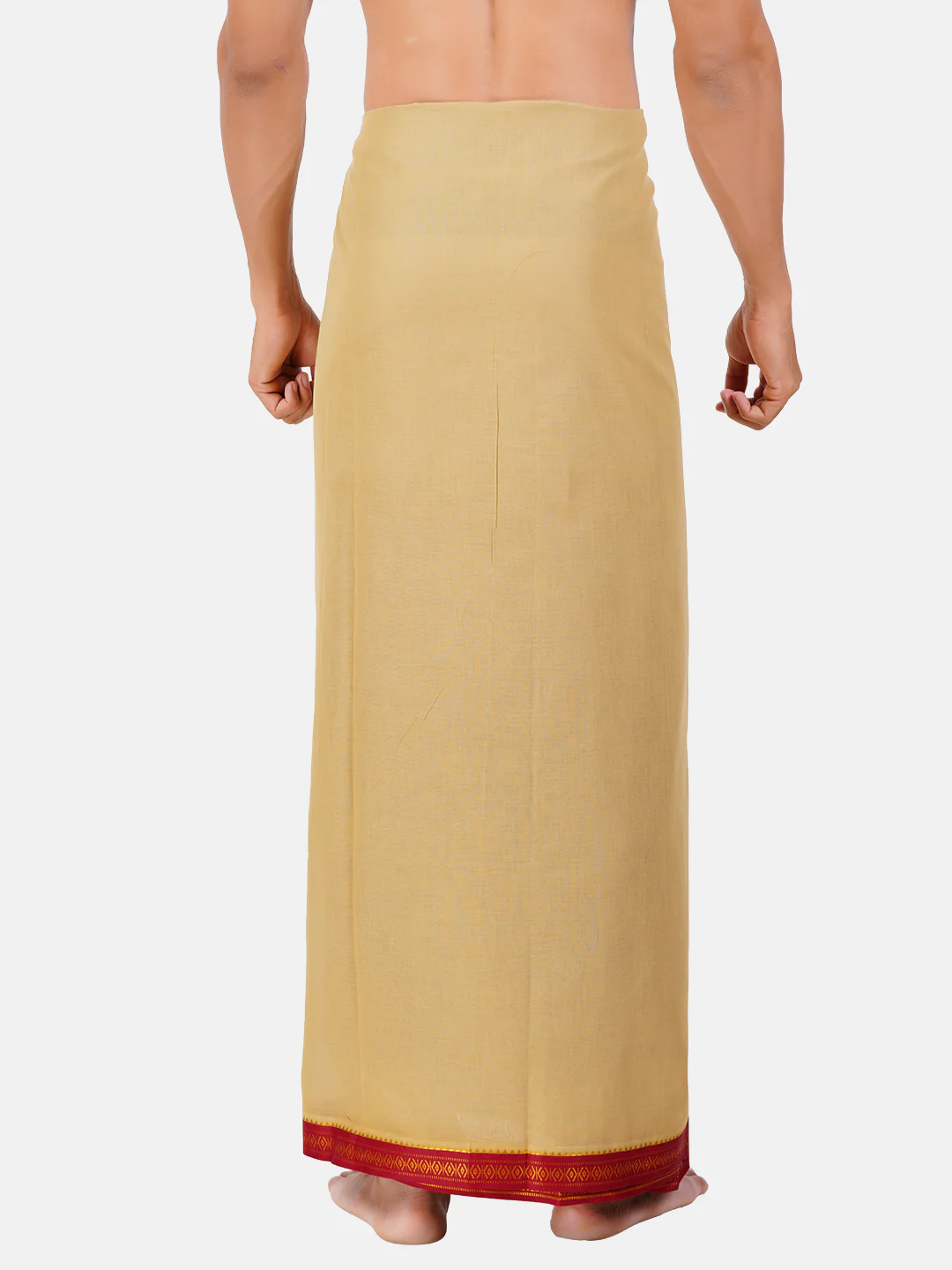 Men 100% Cotton Double Layer Light Kaaki Dhoti with Mayilkhan Border Sudharsan - Image 3