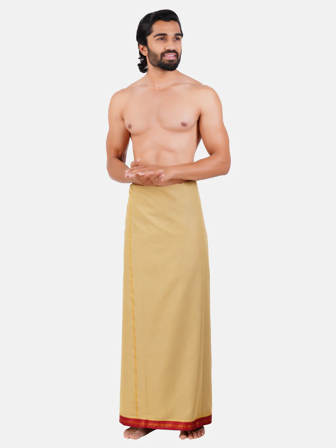 Men 100% Cotton Double Layer Light Kaaki Dhoti with Mayilkhan Border Sudharsan - Image 5