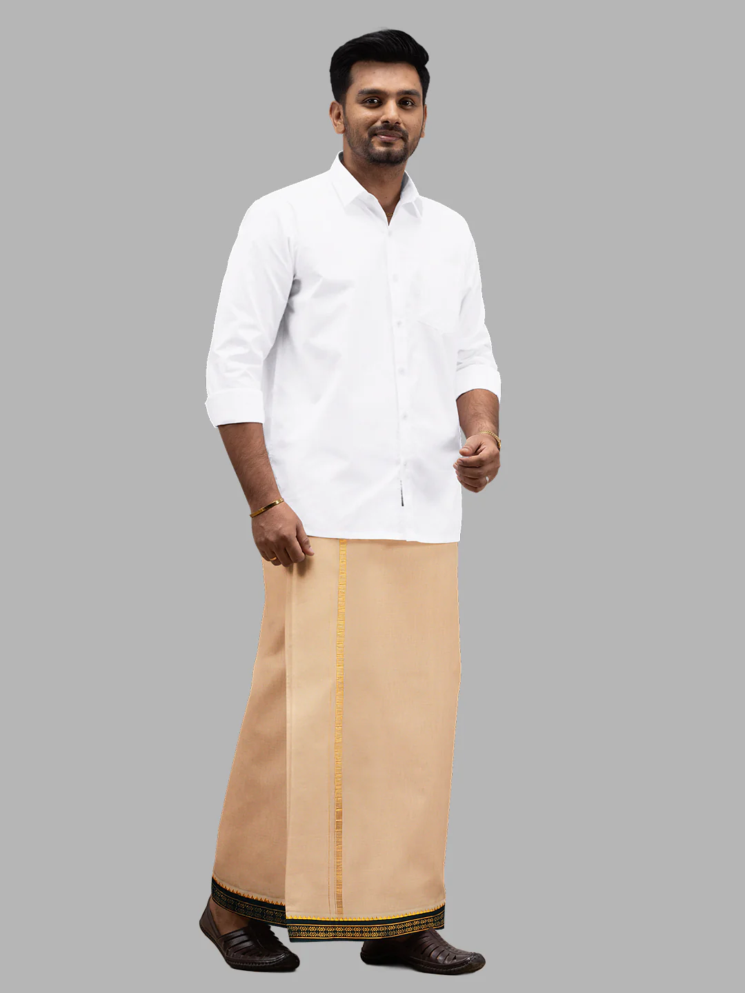 Men 100% Cotton Double Layer Light Kaavi Dhoti with Mayilkhan Border - Image 2