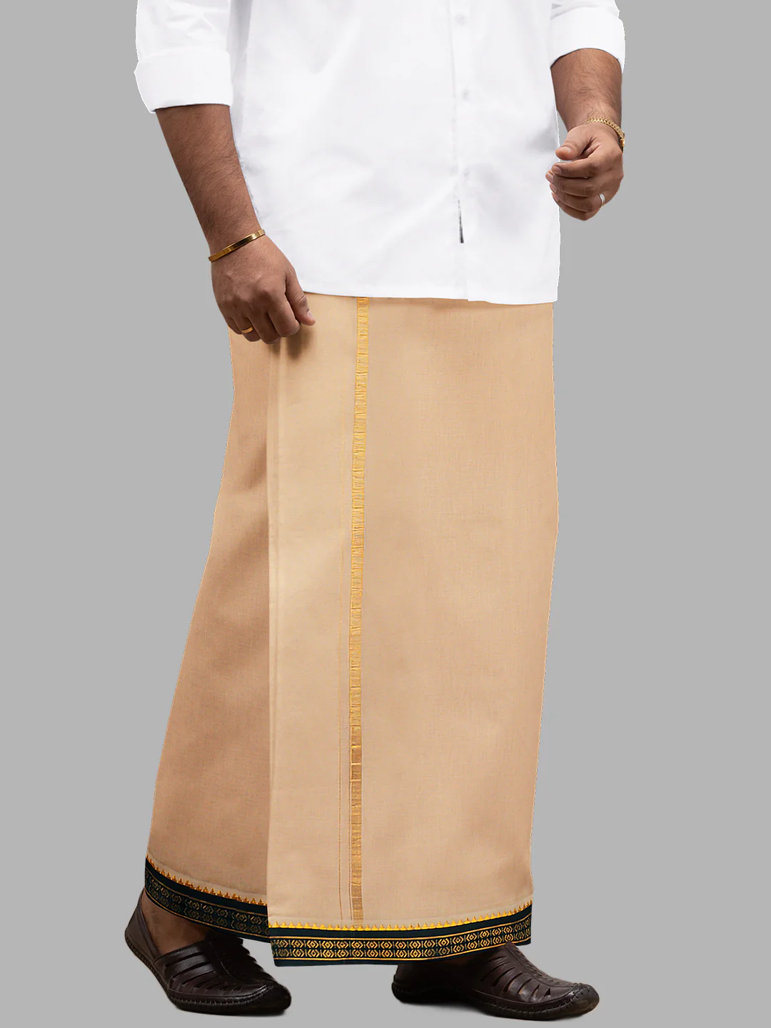 Men 100% Cotton Double Layer Light Kaavi Dhoti with Mayilkhan Border - Image 3