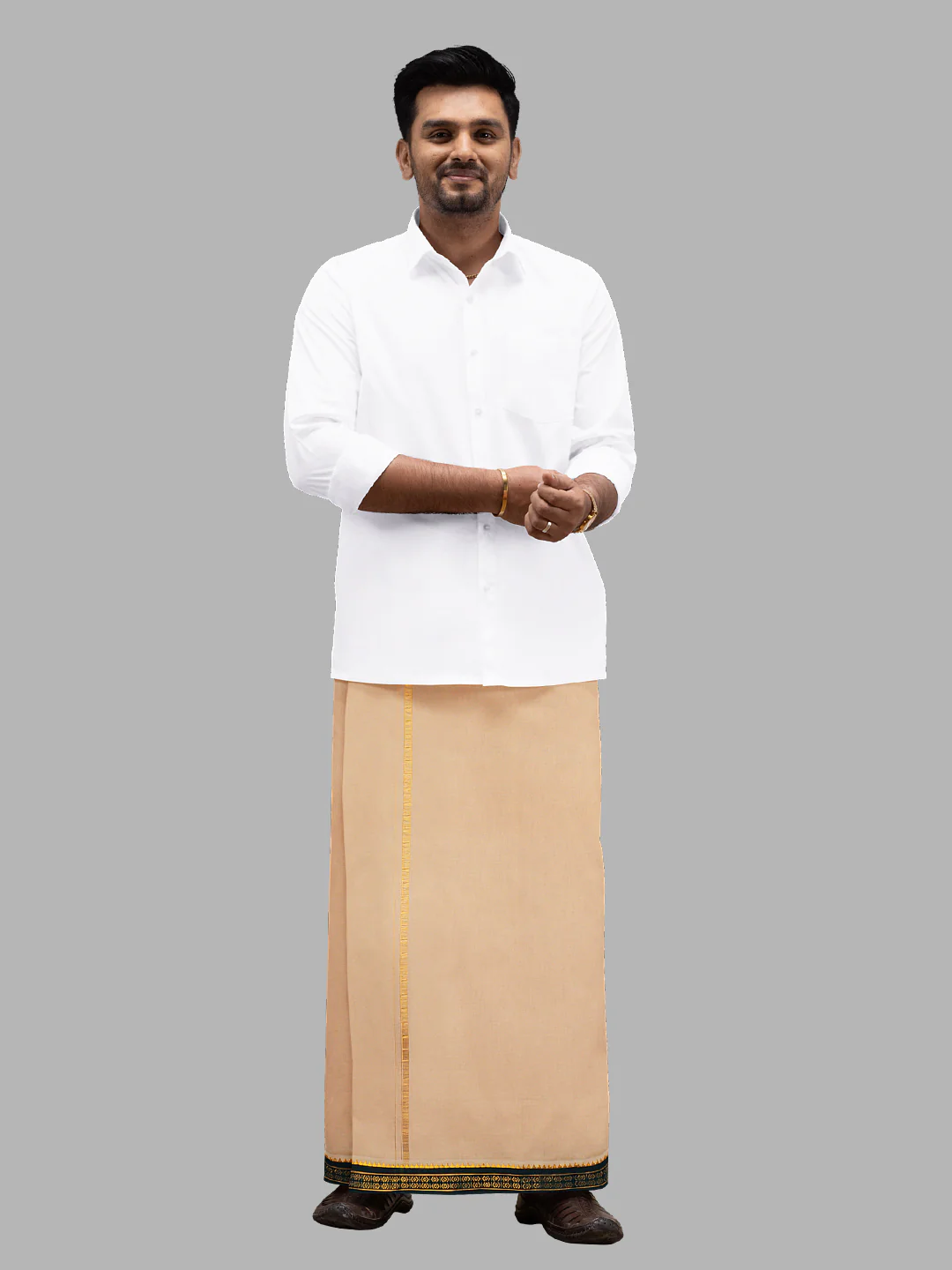Men 100% Cotton Double Layer Light Kaavi Dhoti with Mayilkhan Border - Image 5