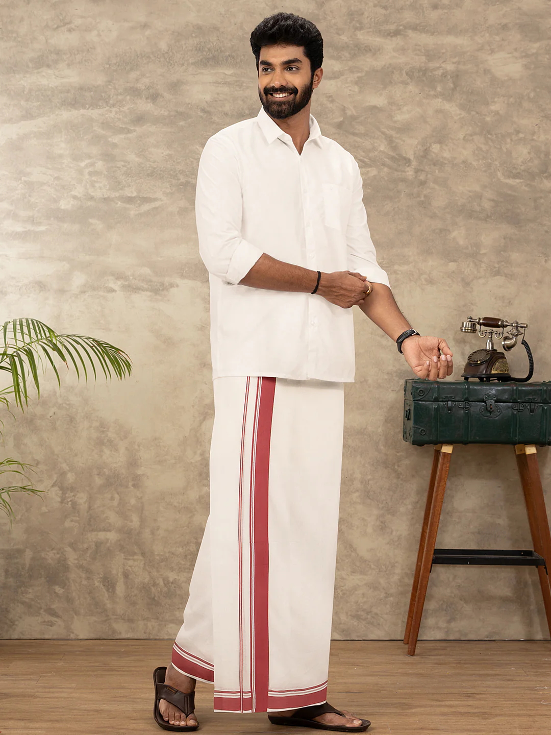 Men 100% Cotton Double Layer Off White Dhoti with Fancy Border EF09 - Image 5
