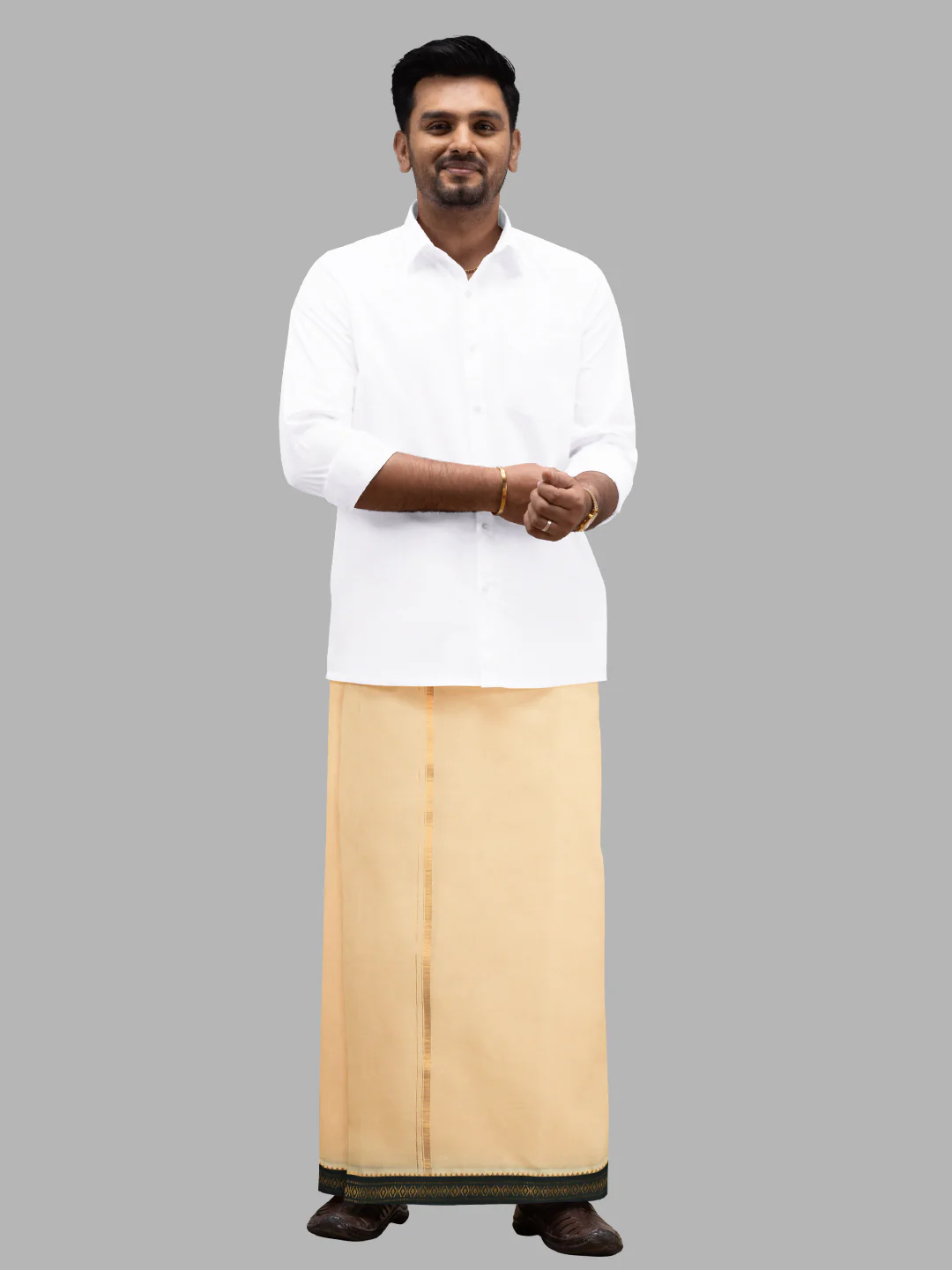 Men 100% Cotton Double Layer Sandal Dhoti with Mayilkhan Border - Image 2