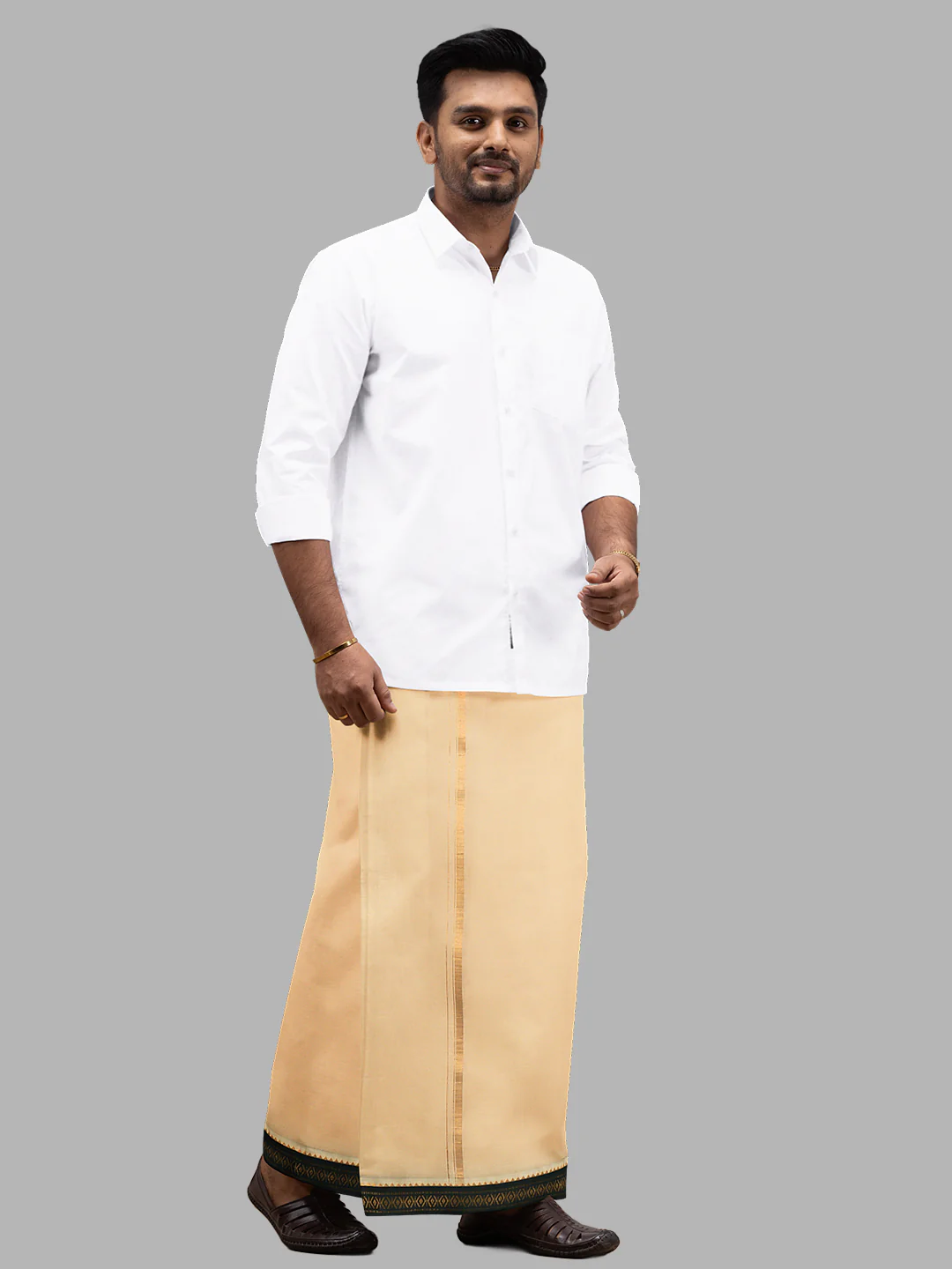 Men 100% Cotton Double Layer Sandal Dhoti with Mayilkhan Border - Image 5