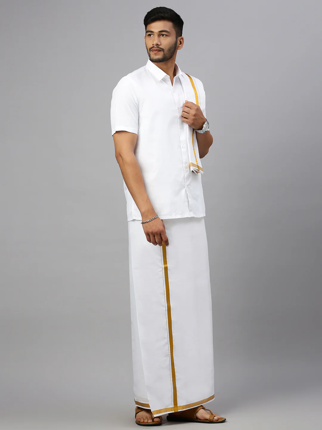 Men 100% Cotton Double Layer White Dhoti &Towel Set with 1/2" Inch Gold Jari Border Kalasadan - Image 2