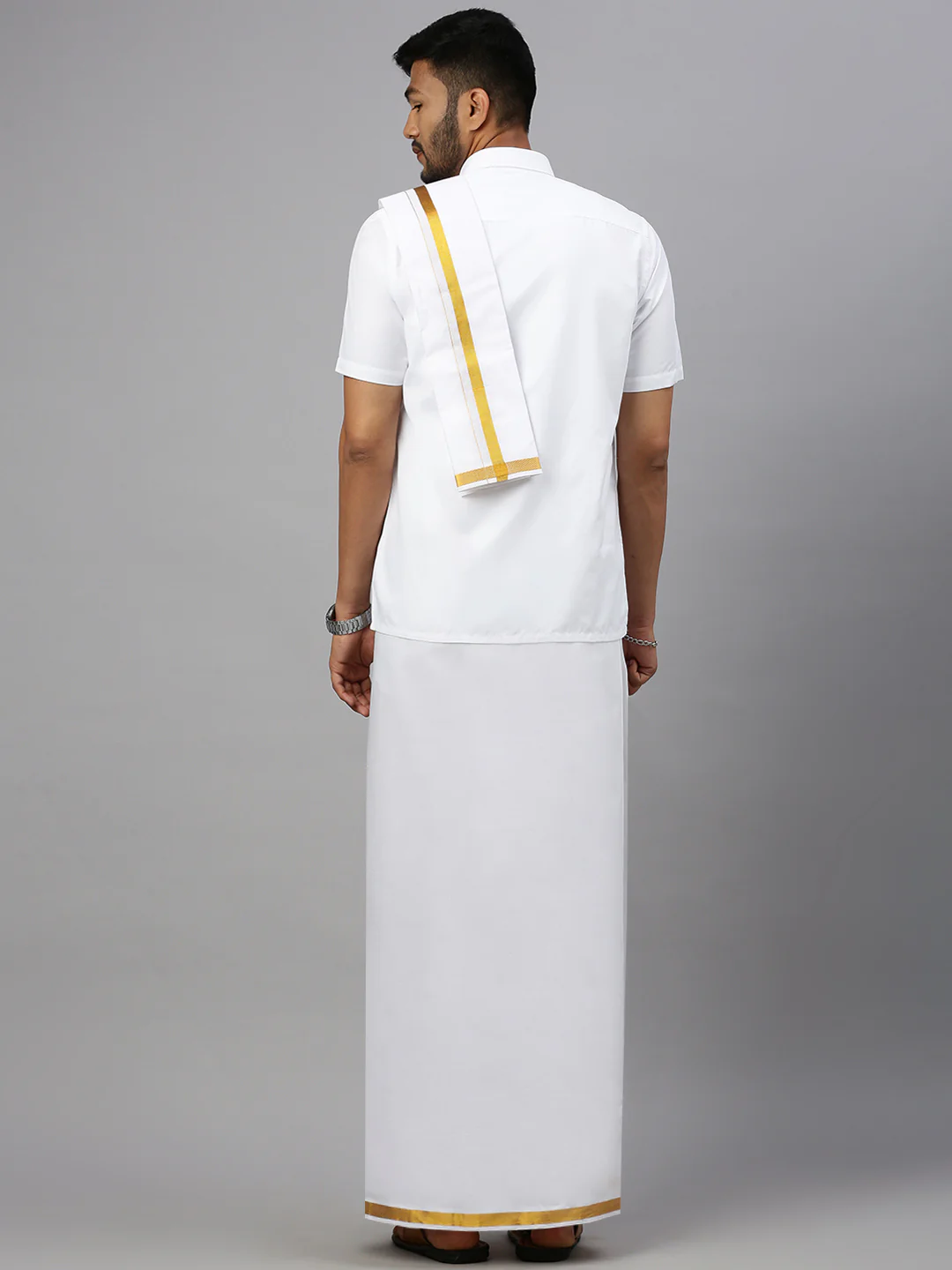 Men 100% Cotton Double Layer White Dhoti &Towel Set with 1/2" Inch Gold Jari Border Kalasadan - Image 3