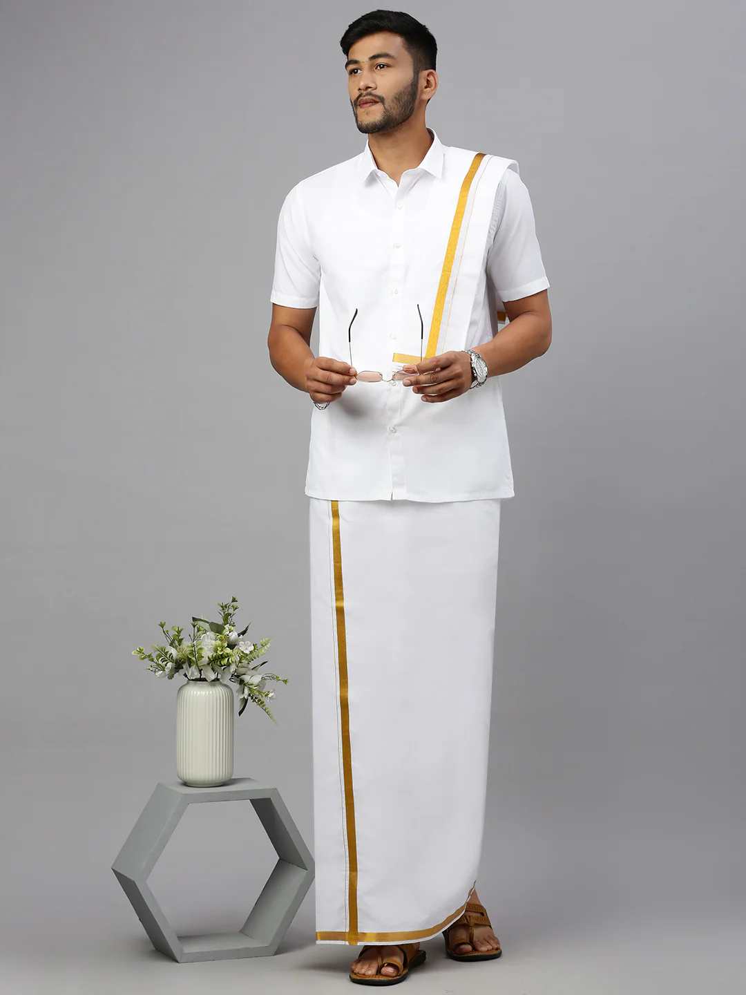 Men 100% Cotton Double Layer White Dhoti &Towel Set with 1/2" Inch Gold Jari Border Kalasadan - Image 4