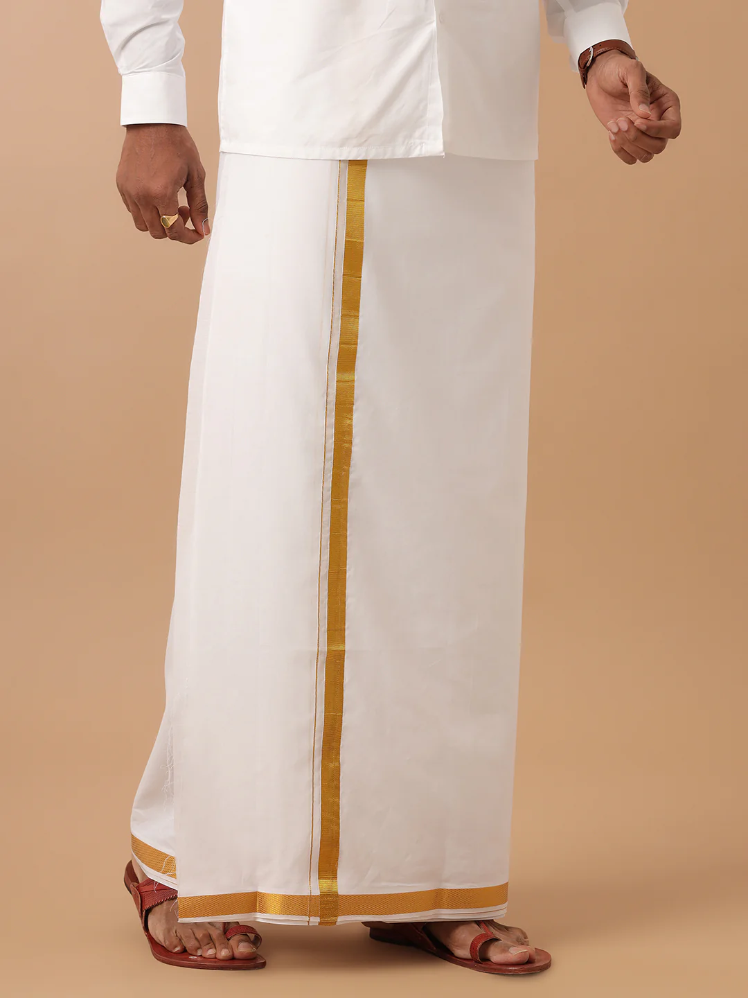 Men 100% Cotton Double Layer White Dhoti & Towel Set with 1" inch Gold Jari Border Kalasadan - Image 3