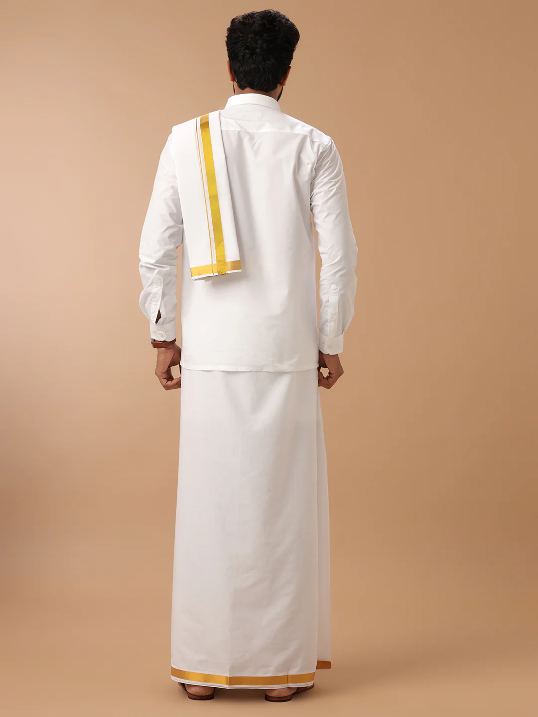 Men 100% Cotton Double Layer White Dhoti & Towel Set with 1" inch Gold Jari Border Kalasadan - Image 4