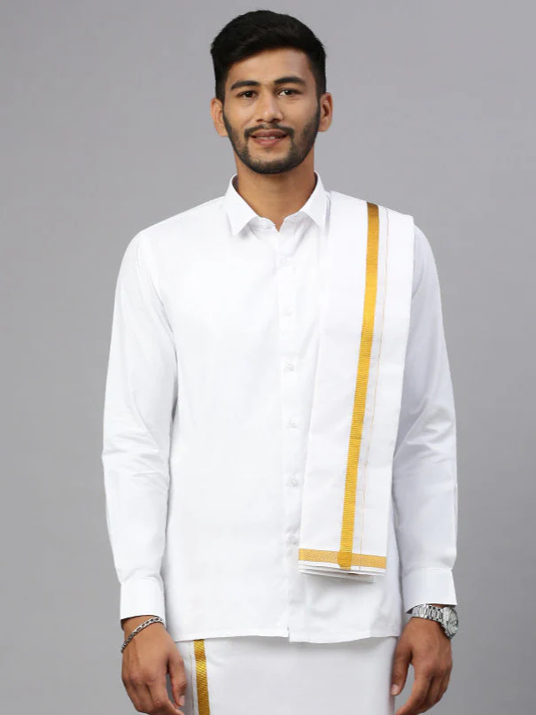 Men 100% Cotton Double Layer White Dhoti & Towel Set with 3/4" inch Gold Jari Border Kalasadan - Image 5