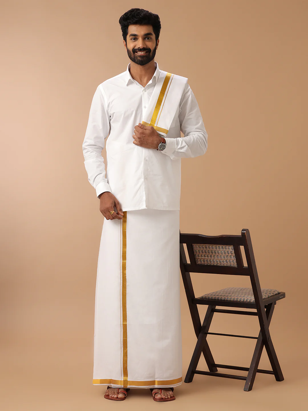 Men 100% Cotton Double Layer White Dhoti & Towel Set with Gold Jari Border Kalasadan - Image 2