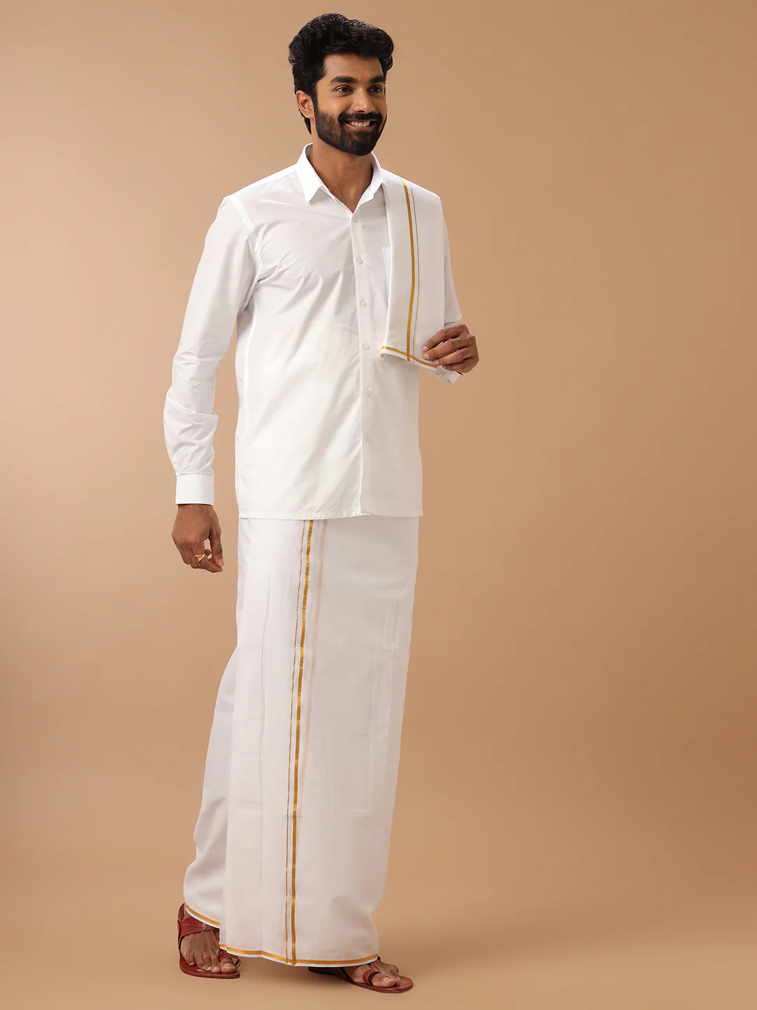 Men 100% Cotton Double Layer White Dhoti & Towel Set with Gold Jari Border Kalasadan - Image 3