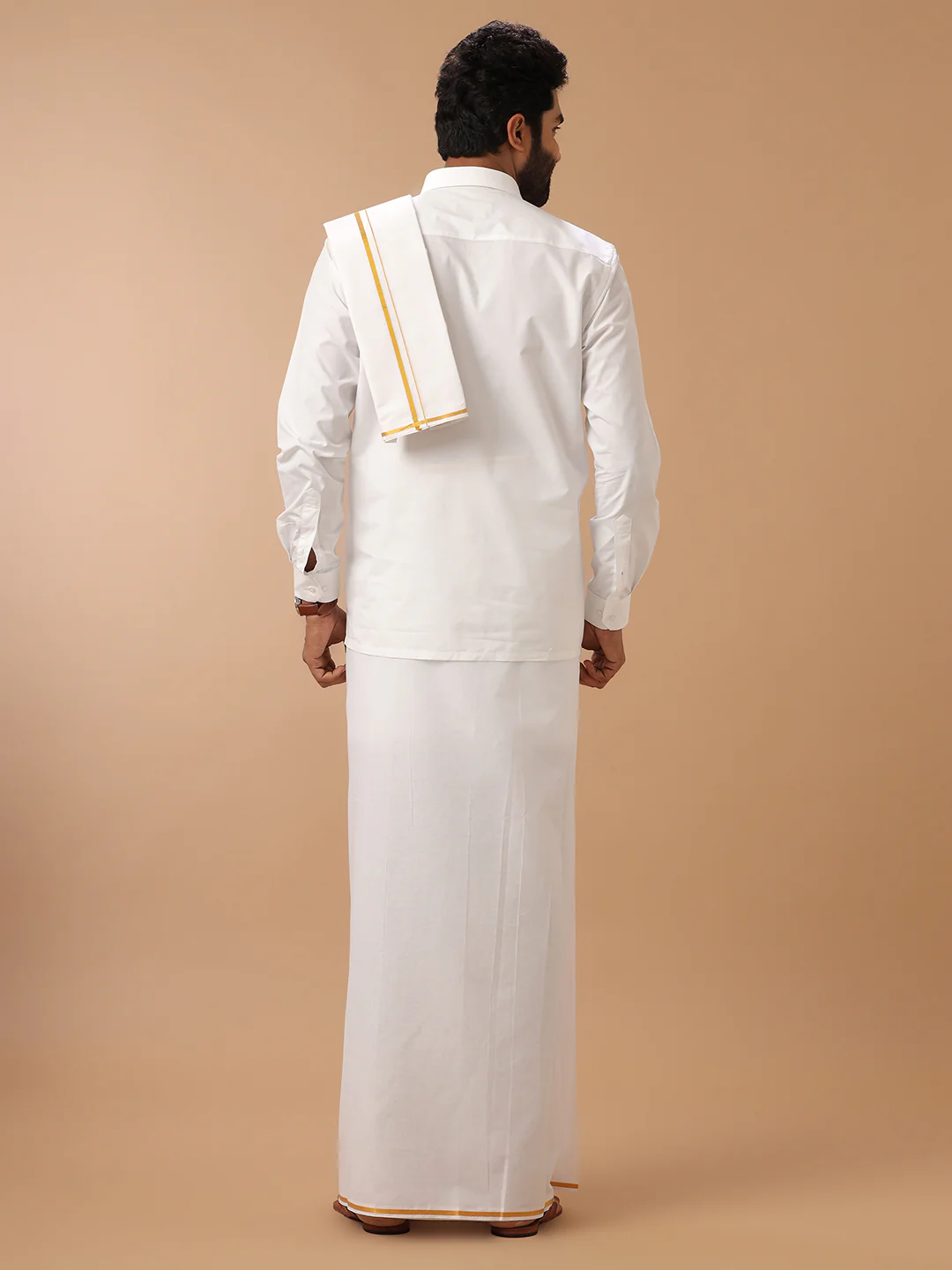 Men 100% Cotton Double Layer White Dhoti & Towel Set with Gold Jari Border Kalasadan - Image 4