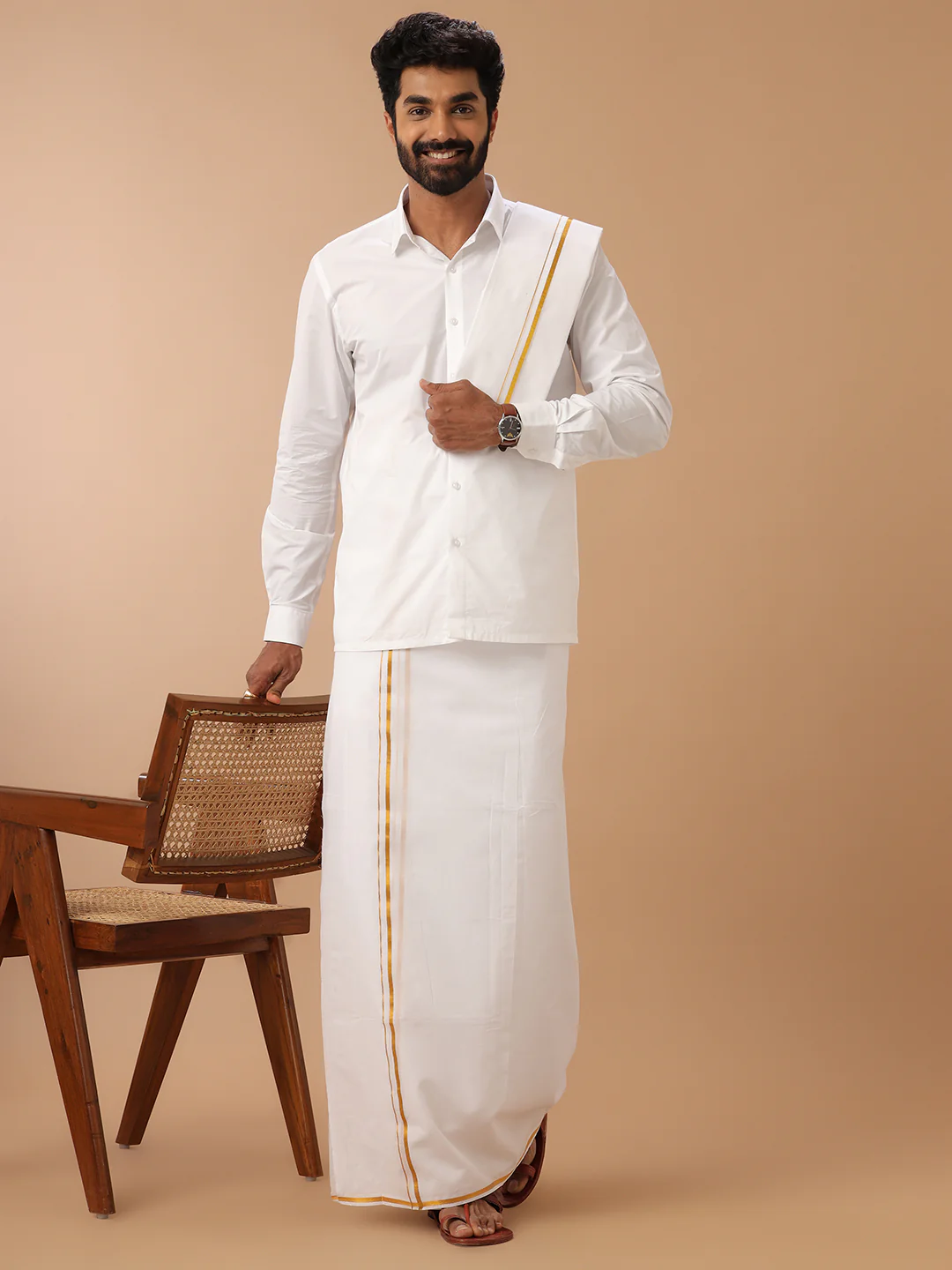 Men 100% Cotton Double Layer White Dhoti & Towel Set with Gold Jari Border Kalasadan - Image 5