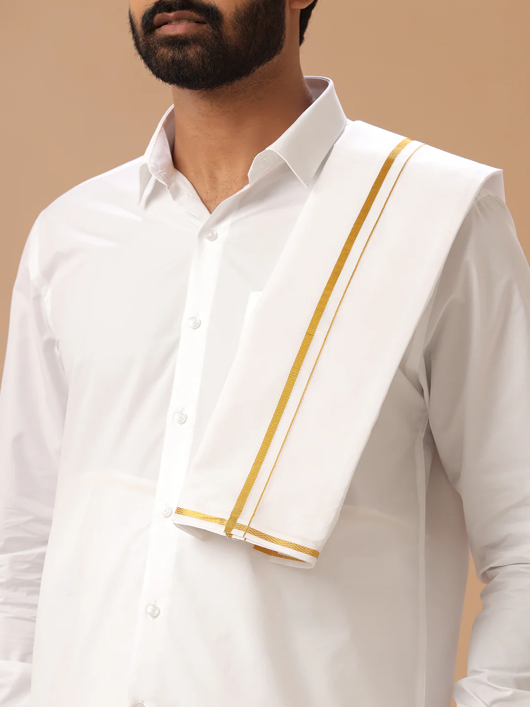 Men 100% Cotton Double Layer White Dhoti & Towel Set with Gold Jari Border Kalasadan - Image 6