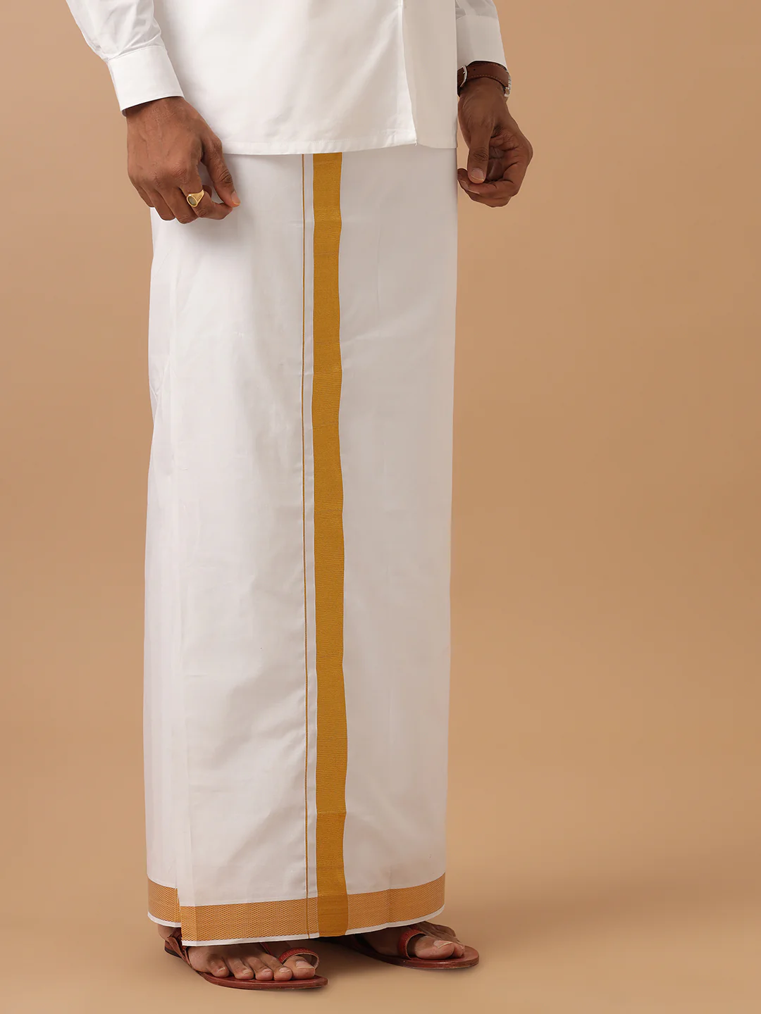 Men 100% Cotton Single Layer White Dhoti with 1 1/2" Gold Jari Border Aruthra - Image 2