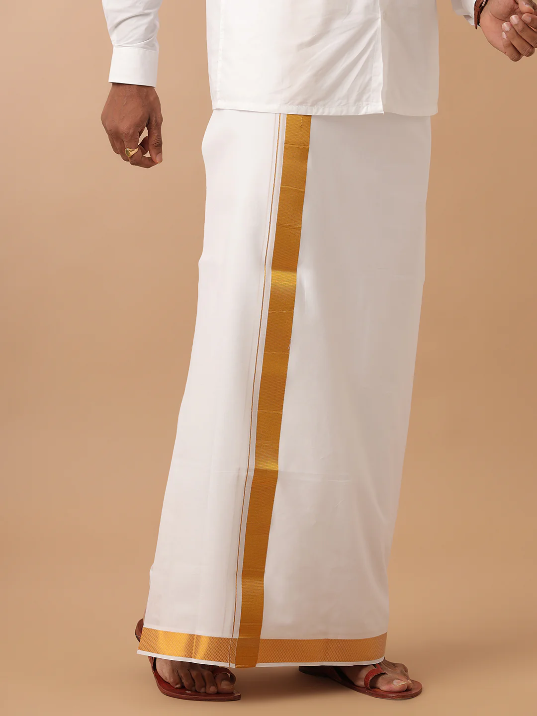 Men 100% Cotton Double Layer White Dhoti with 1 1/2" Jari Border Gold Special Pet - Image 2