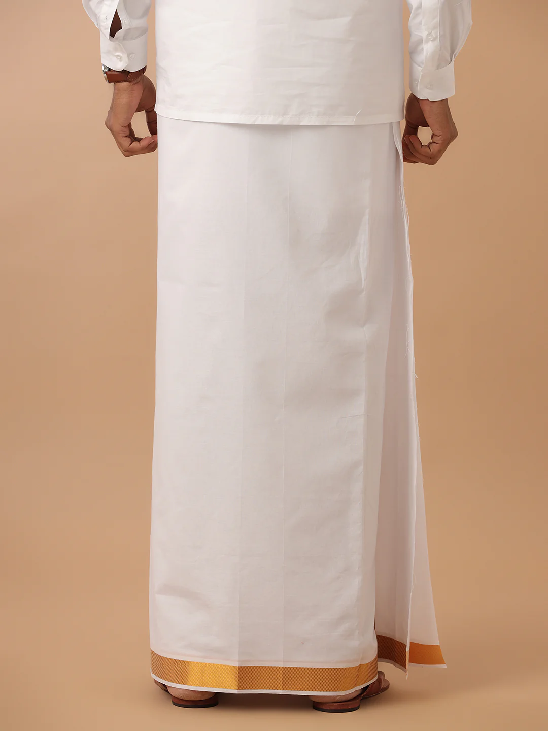 Men 100% Cotton Double Layer White Dhoti with 1 1/2" Jari Border Gold Special Pet - Image 3