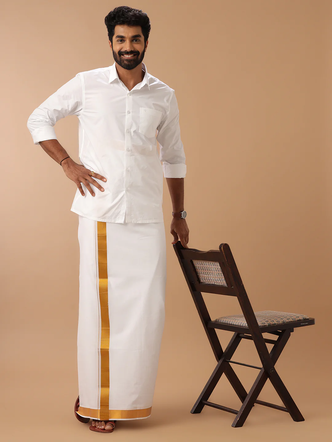 Men 100% Cotton Double Layer White Dhoti with 1 1/2" Jari Border Gold Special Pet - Image 5