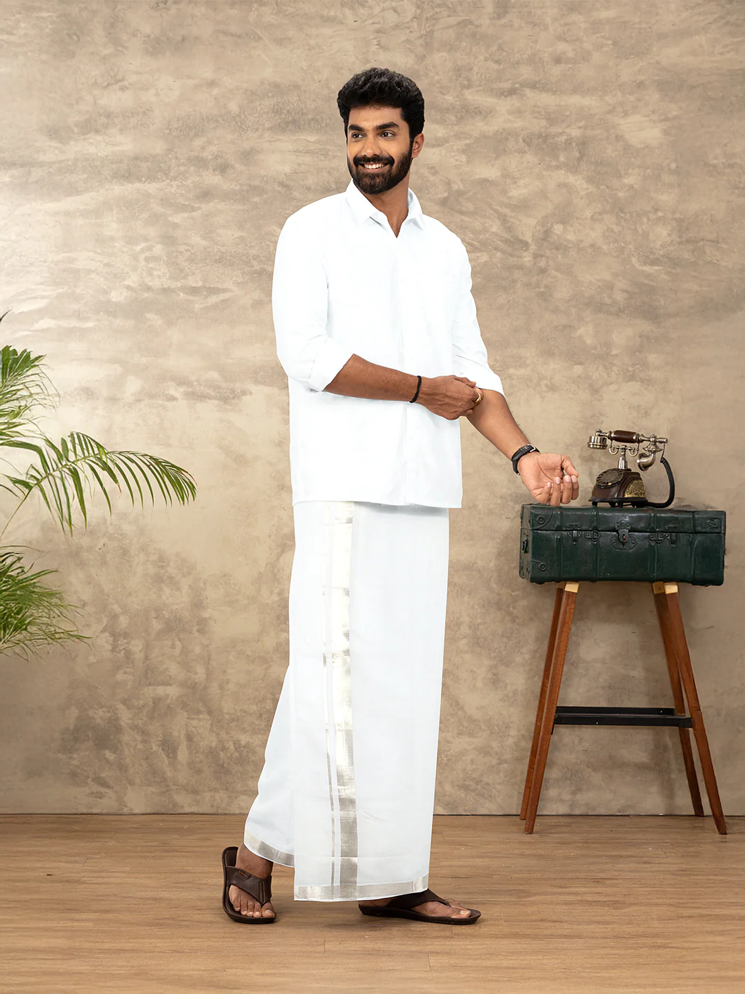 Men 100% Cotton Double Layer White Dhoti with 1 1/2" Jari Border Silver Coin - Image 2