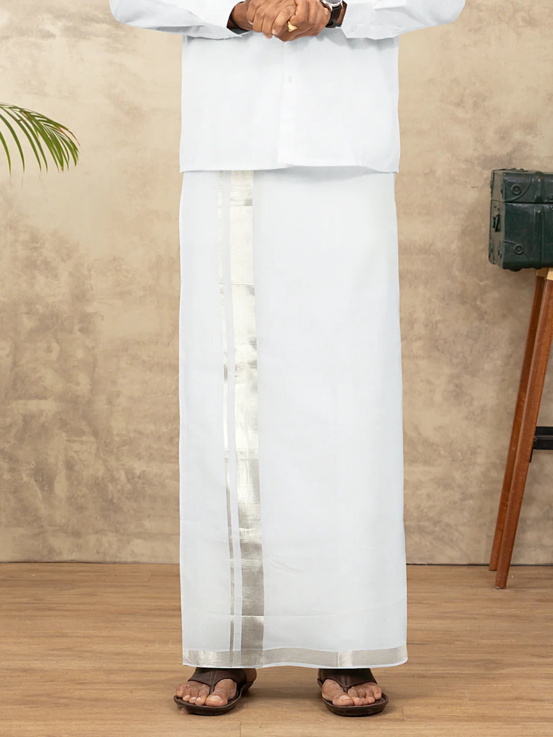 Men 100% Cotton Double Layer White Dhoti with 1 1/2" Jari Border Silver Coin - Image 3