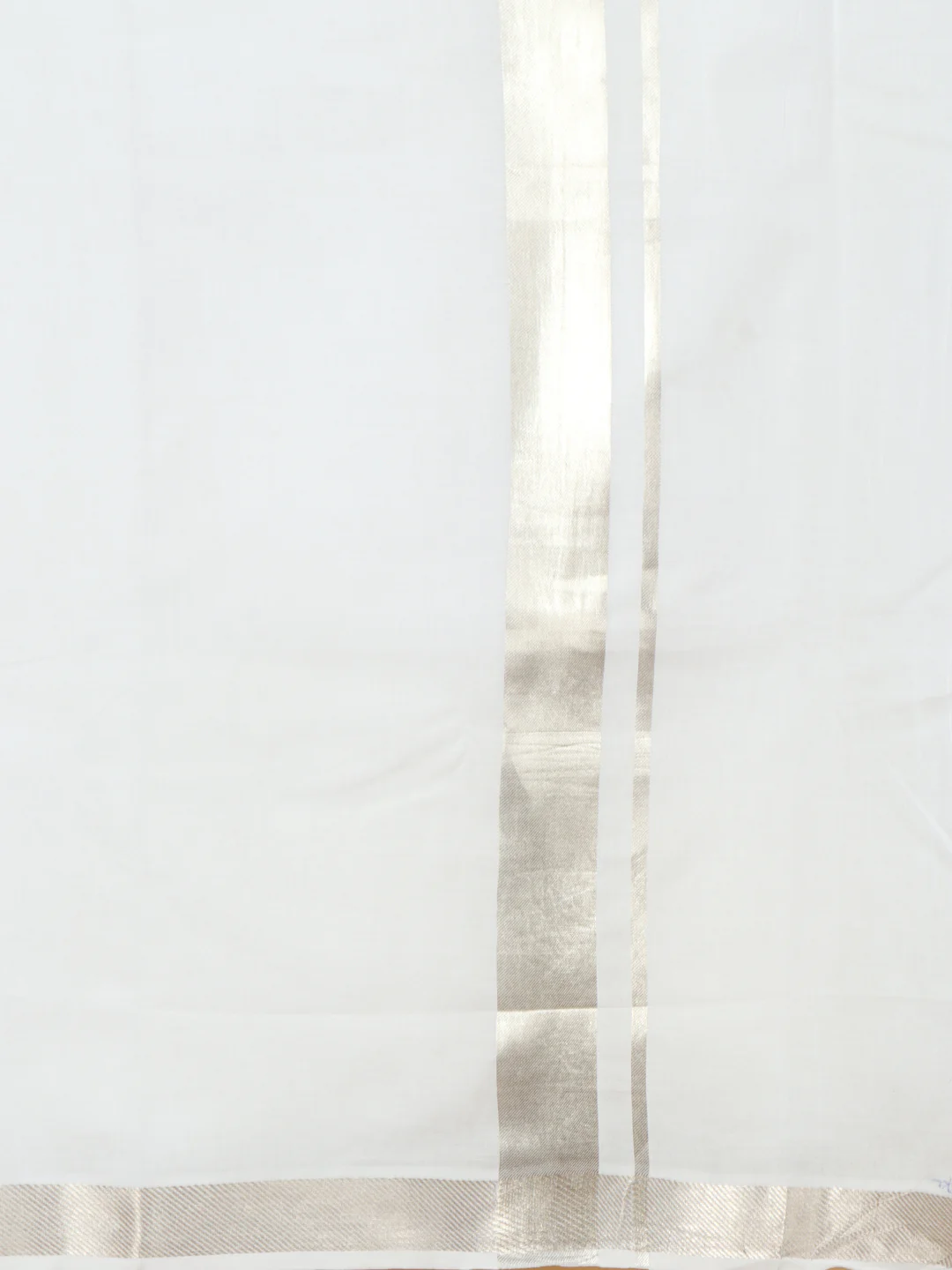 Men 100% Cotton Double Layer White Dhoti with 1 1/2" Jari Border Silver Coin - Image 5